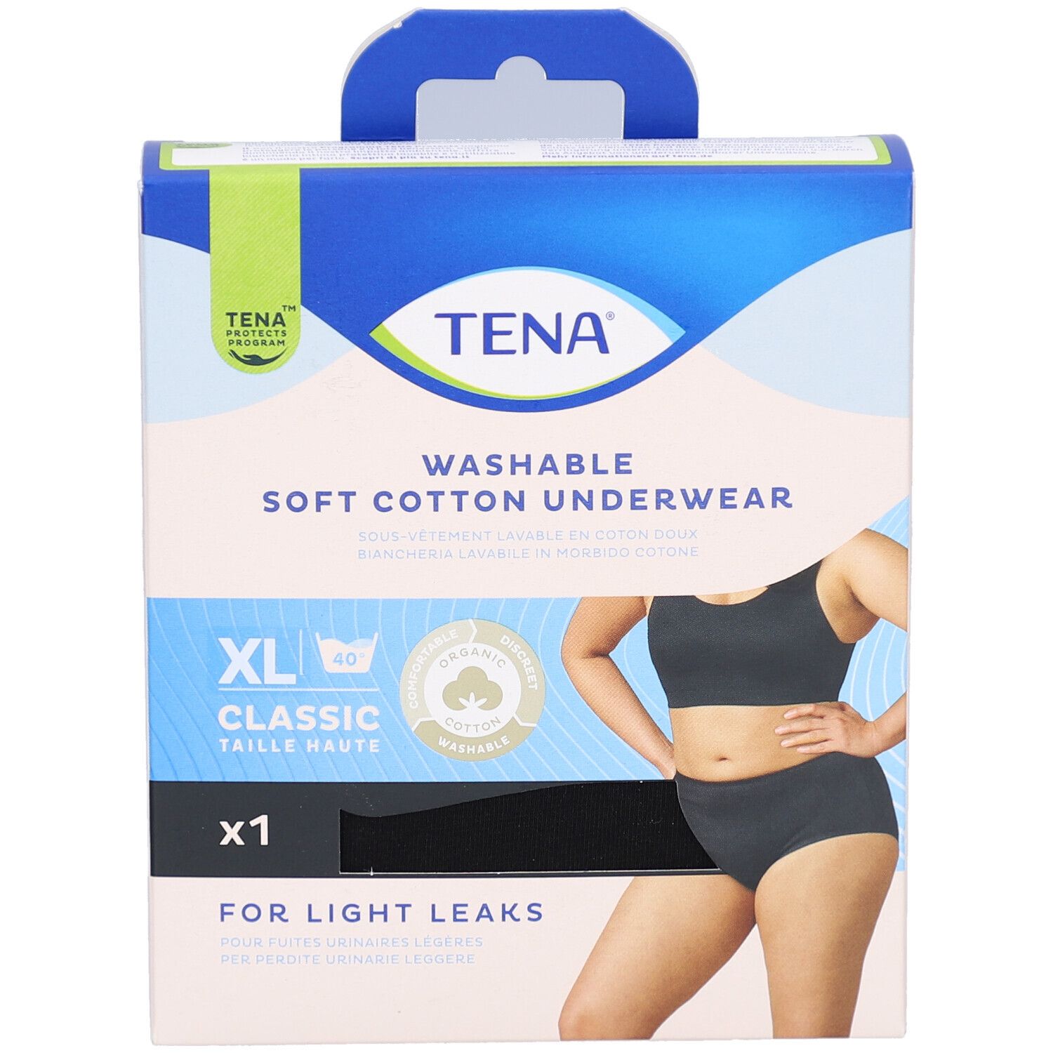 TENA-Verpackung mit schwarzer Unterwäsche. XL, Classic, aus weicher Baumwolle, waschbar. Für leichten Urinverlust.
