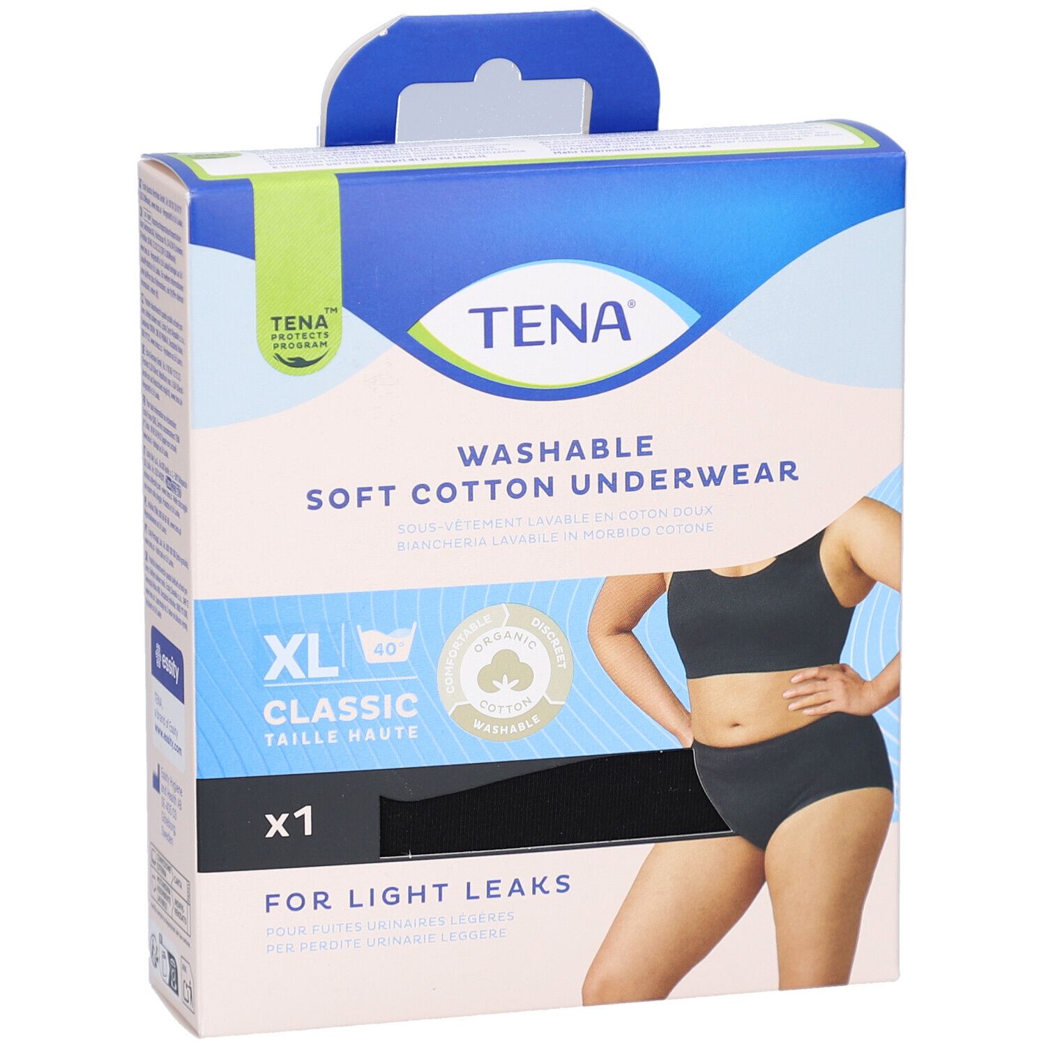 TENA-Verpackung mit schwarzer Unterwäsche. XL, Classic, aus weicher Baumwolle, waschbar. Für leichten Urinverlust.