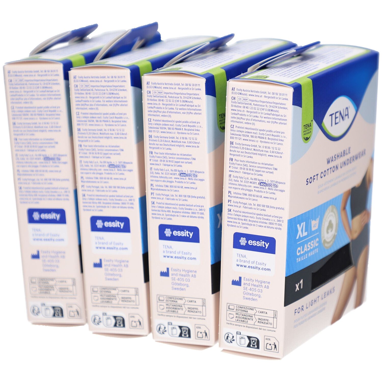 Rückseite von vier Packungen TENA Unterwäsche. Text in mehreren Sprachen. Logo: essity.
