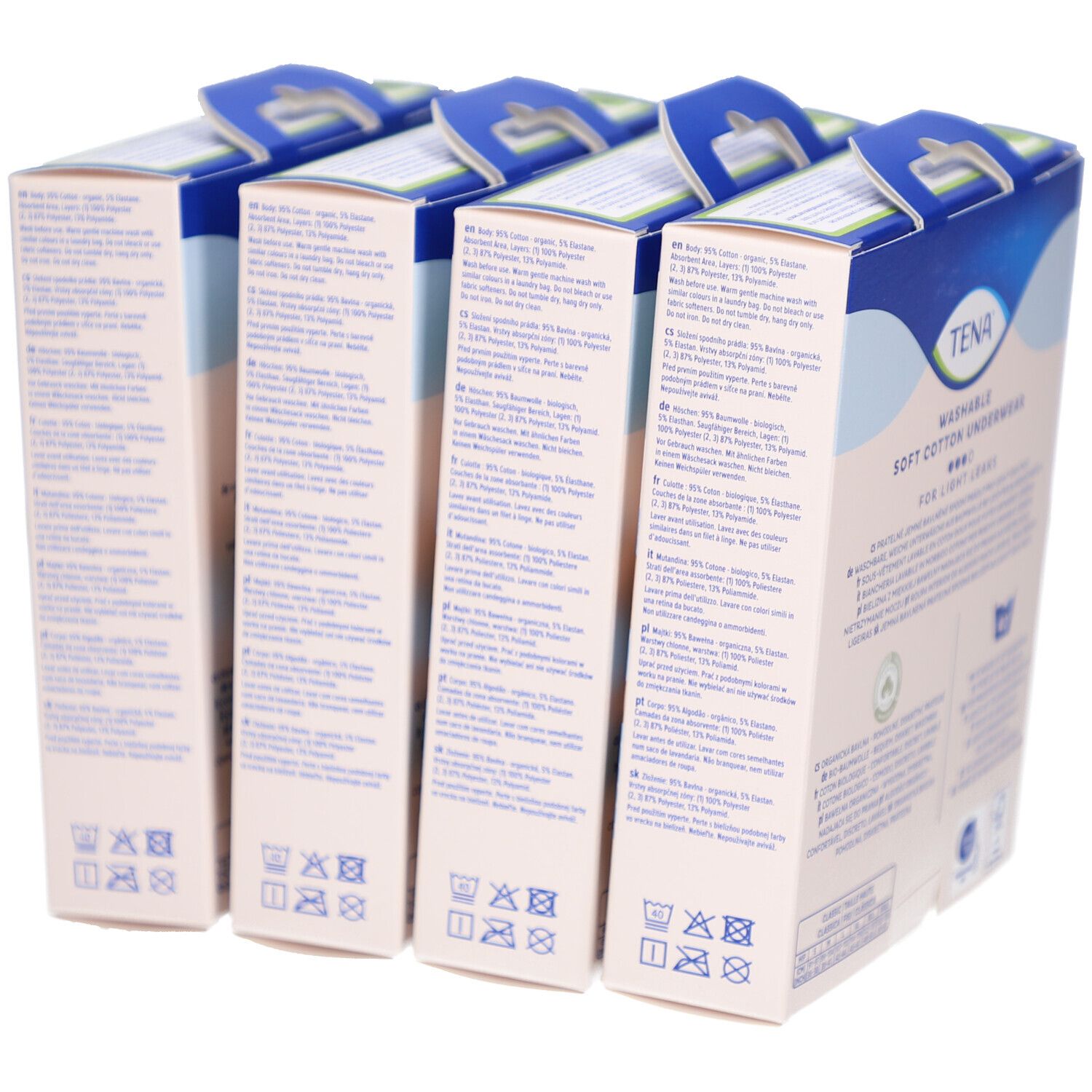 Rückseite von vier Packungen TENA Unterwäsche. Text in mehreren Sprachen. Waschsymbole.