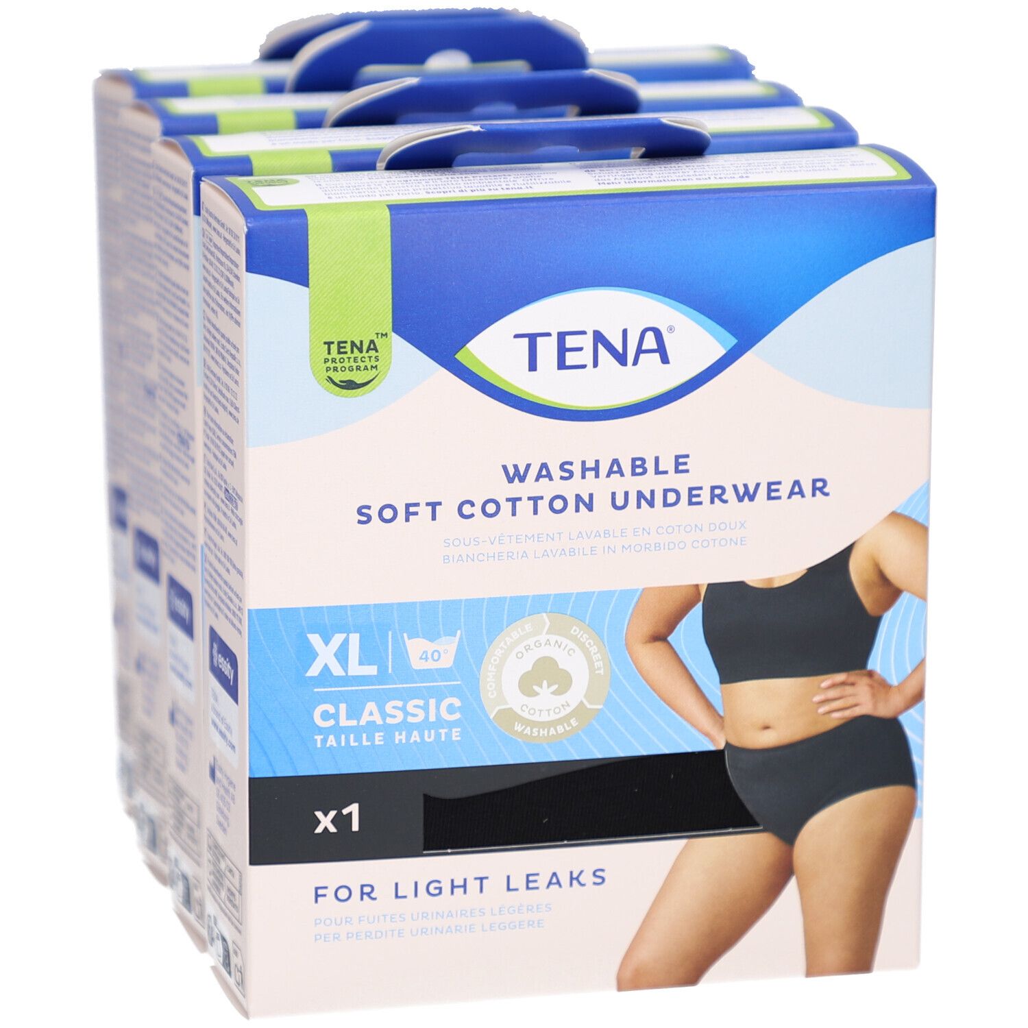 Mehrere Packungen TENA Unterwäsche, XL, schwarz. Aufdruck: Waschbar, weiche Baumwolle, für leichte Inkontinenz.