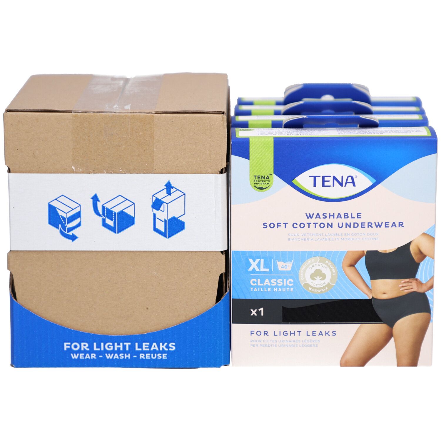 TENA Unterwäsche-Packungen neben einer braunen Versandbox. Aufdruck: Für leichte Inkontinenz. Tragen, waschen, wiederverwenden.