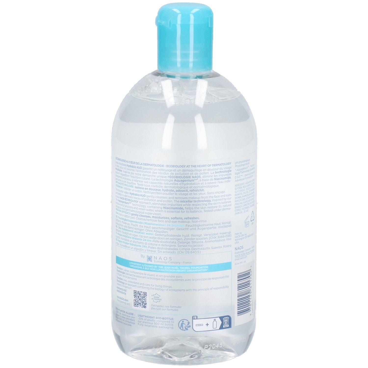 Bouteille transparente avec bouchon bleu. Dos avec texte et QR code. Contient liquide clair.