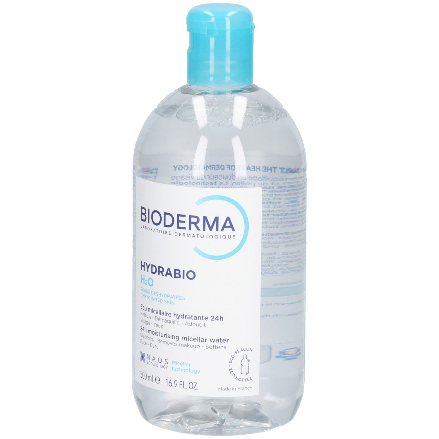 Liquide clair en bouteille avec bouchon bleu. Inscription: BIODERMA, HYDRABIO H2O. 500ml.