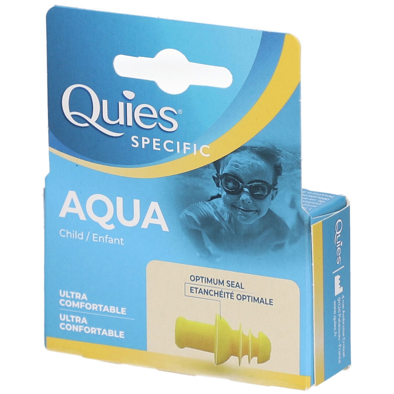 Emballage de bouchons d'oreille Aqua pour enfants, jaune. Marque : Quies. Texte : Aqua, Child/Enfant, Ultra Comfortable. Photo d'un enfant avec lunettes de natation.