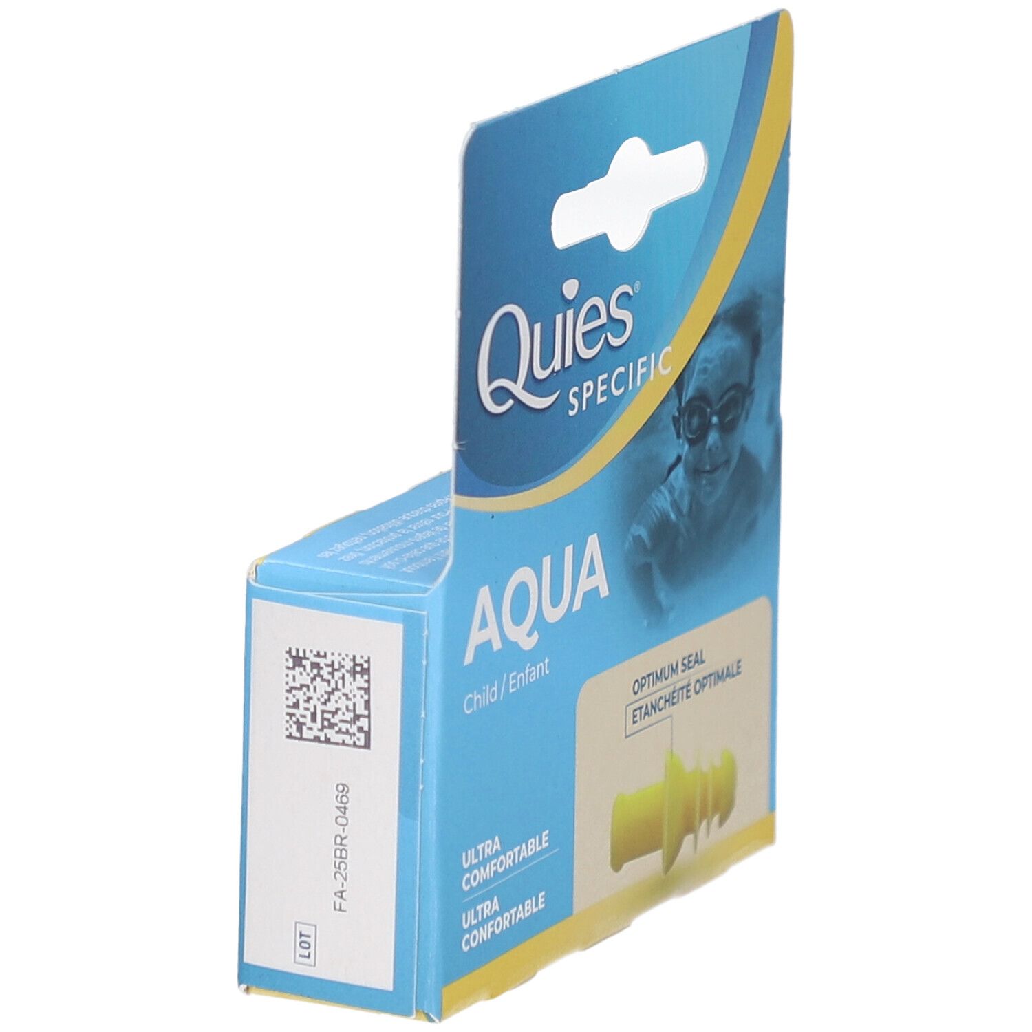 Emballage de bouchons d'oreille Aqua pour enfants, jaunes. Marque : Quies. Texte : Aqua, Child/Enfant, Ultra Comfortable. Code QR et informations produit.