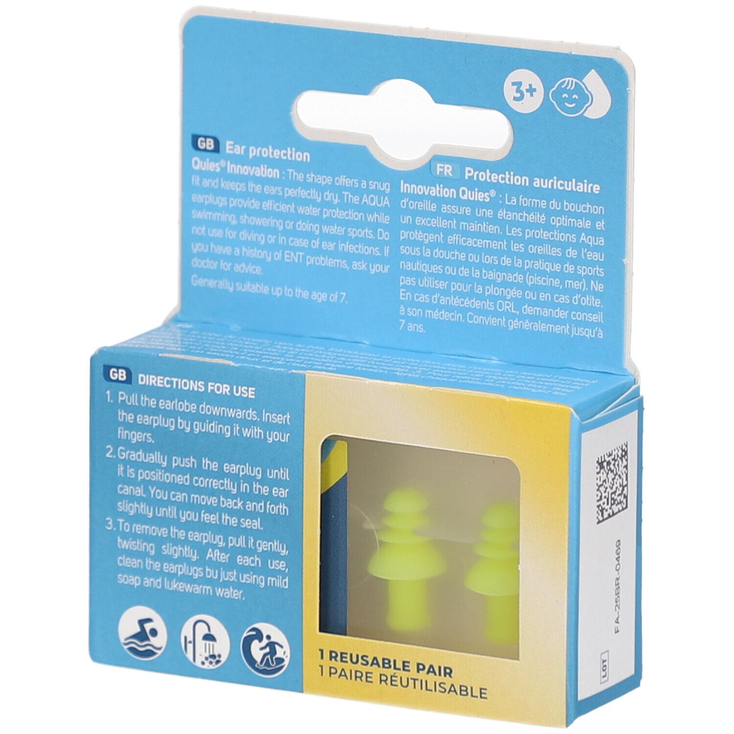 Emballage avec deux bouchons d'oreille Aqua jaunes. Texte : 1 REUSABLE PAIR. Instructions en anglais et français. Recommandation d'âge : 3+.