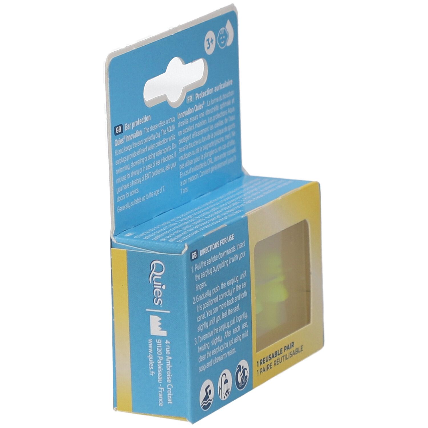 Emballage avec deux bouchons d'oreille Aqua jaunes. Texte : 1 REUSABLE PAIR. Instructions en anglais et français. Marque : Quies.