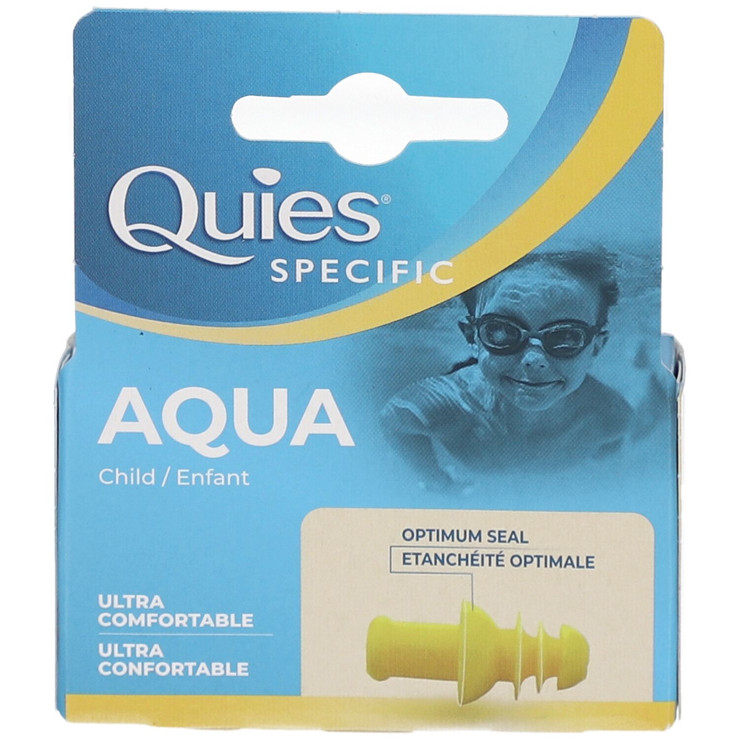 Emballage de bouchons d'oreille Aqua pour enfants, jaune. Marque : Quies. Texte : Aqua, Child/Enfant, Ultra Comfortable. Photo d'un enfant avec lunettes de natation.