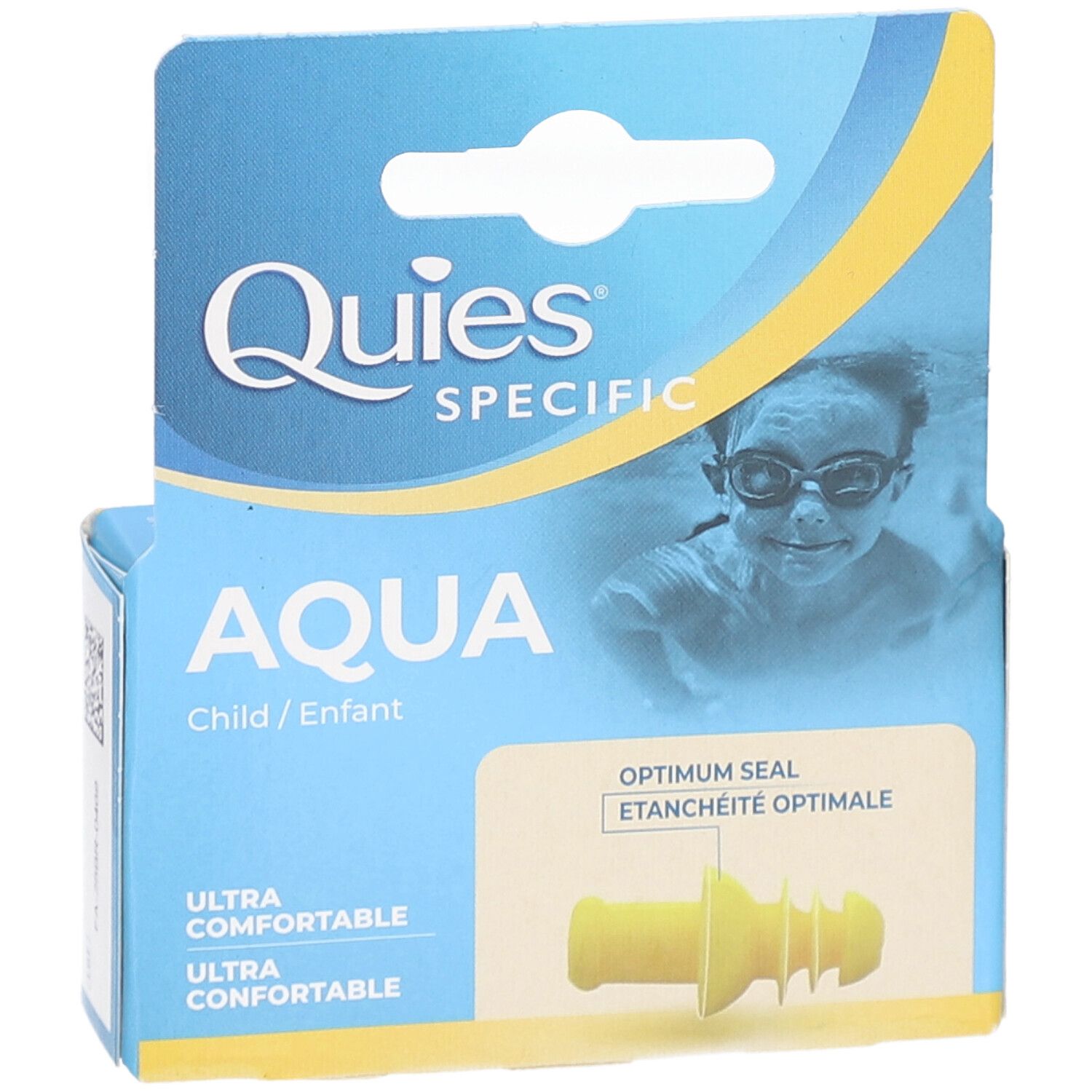 Emballage de bouchons d'oreille Aqua pour enfants, jaune. Marque : Quies. Texte : Aqua, Child/Enfant, Ultra Comfortable. Photo d'un enfant avec lunettes de natation.
