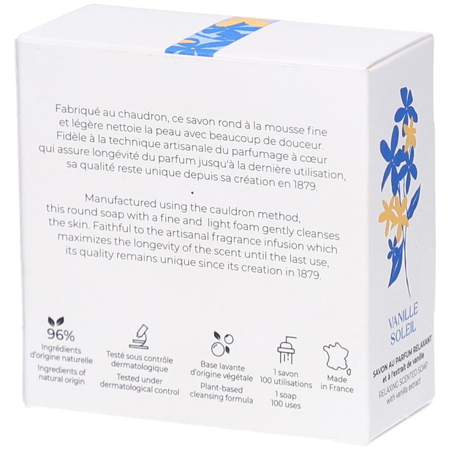 Dos de l'emballage. Texte multilingue. Inscription: Vanille Soleil. 96% ingrédients d'origine naturelle.