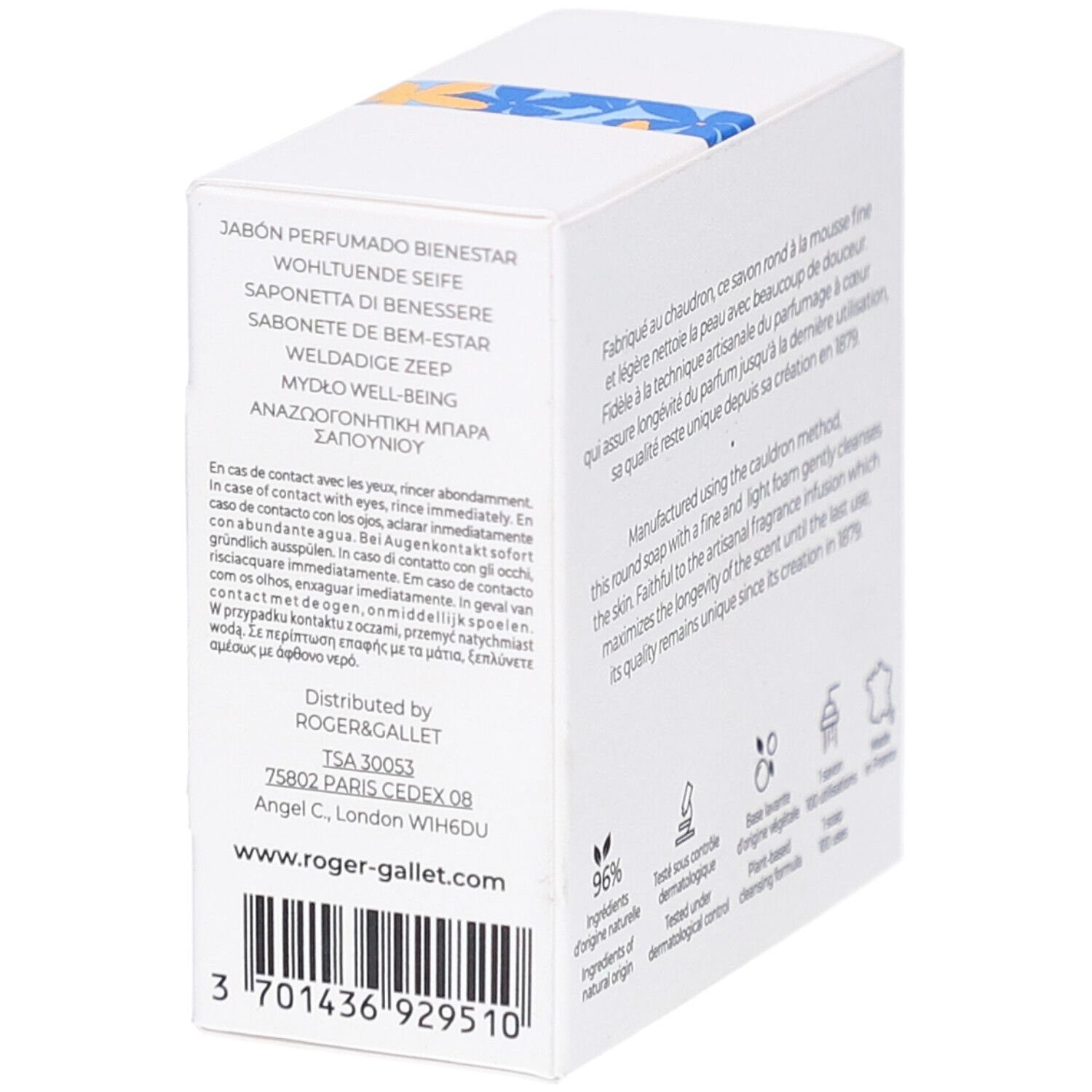 Emballage avec texte multilingue. Inscription: Roger & Gallet. Code-barres. 96% ingrédients naturels.
