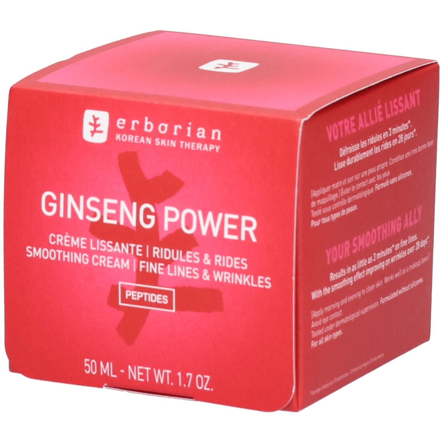 Emballage Erborian Ginseng Power Crème. Soin de jour lissant anti-âge aux peptides.