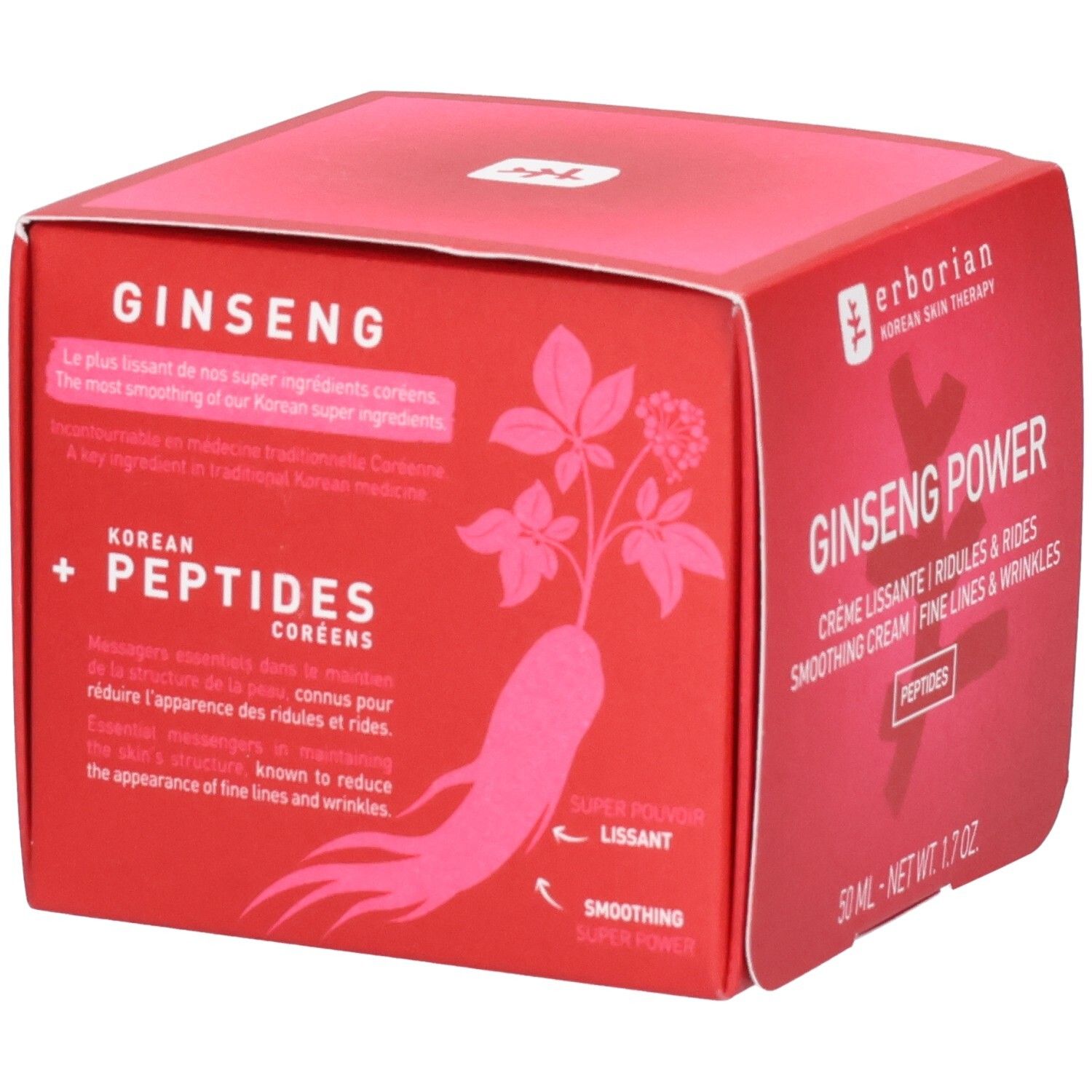Emballage Erborian Ginseng Power Crème avec illustration de racine de ginseng. Contient du ginseng coréen et des peptides.