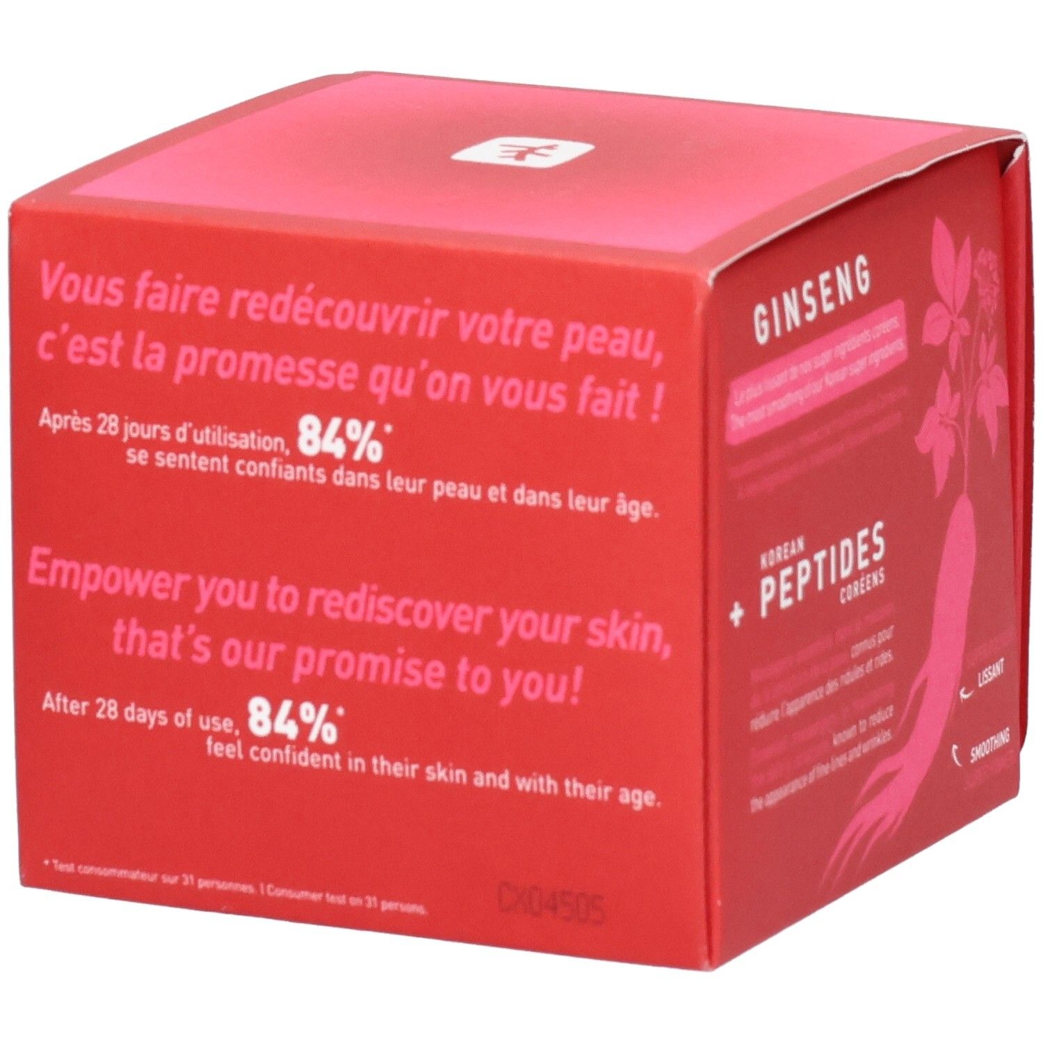Emballage Erborian Ginseng Power Crème. Promet 84% de peau satisfaite après 28 jours.