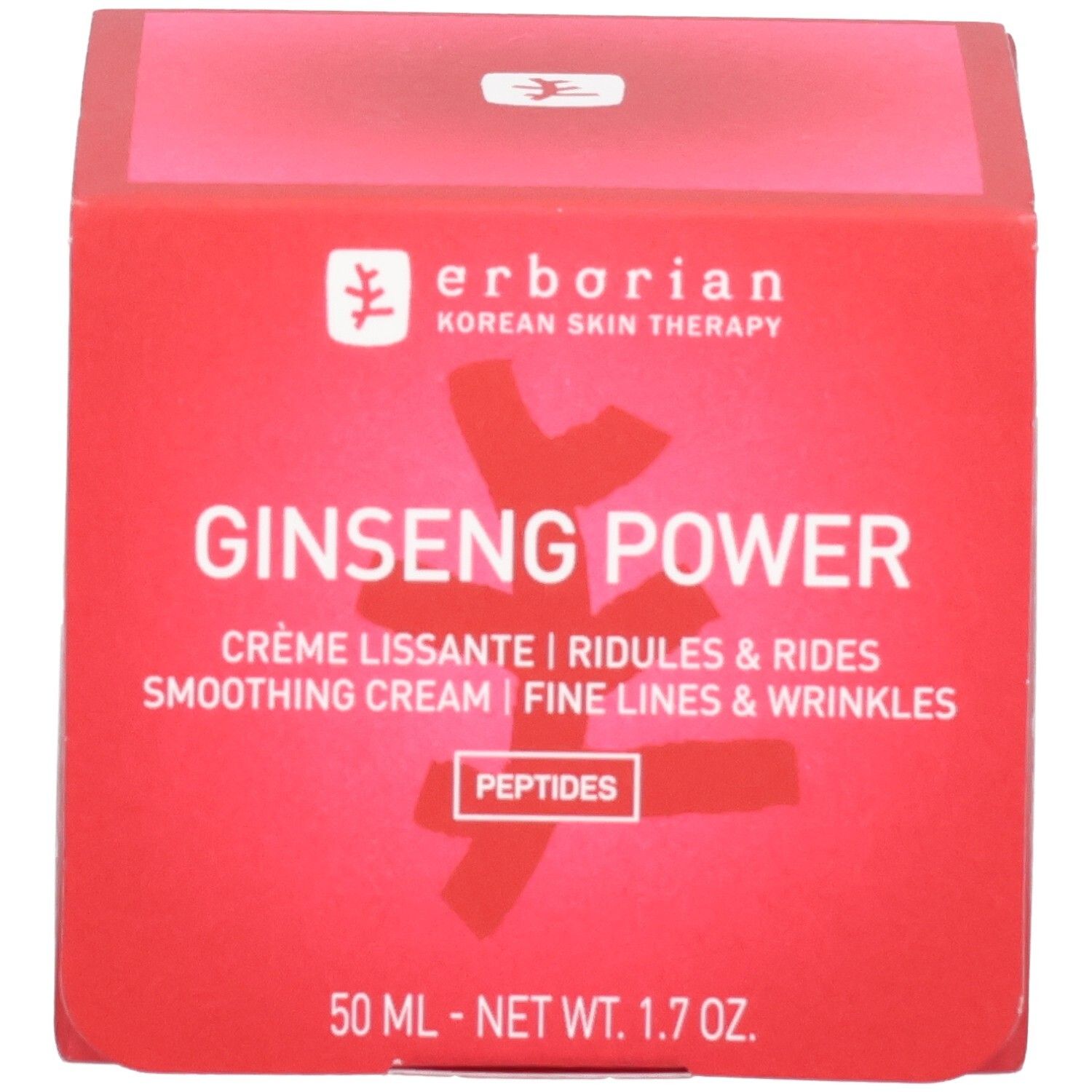 Emballage Erborian Ginseng Power Crème. Soin de jour lissant anti-âge aux peptides.