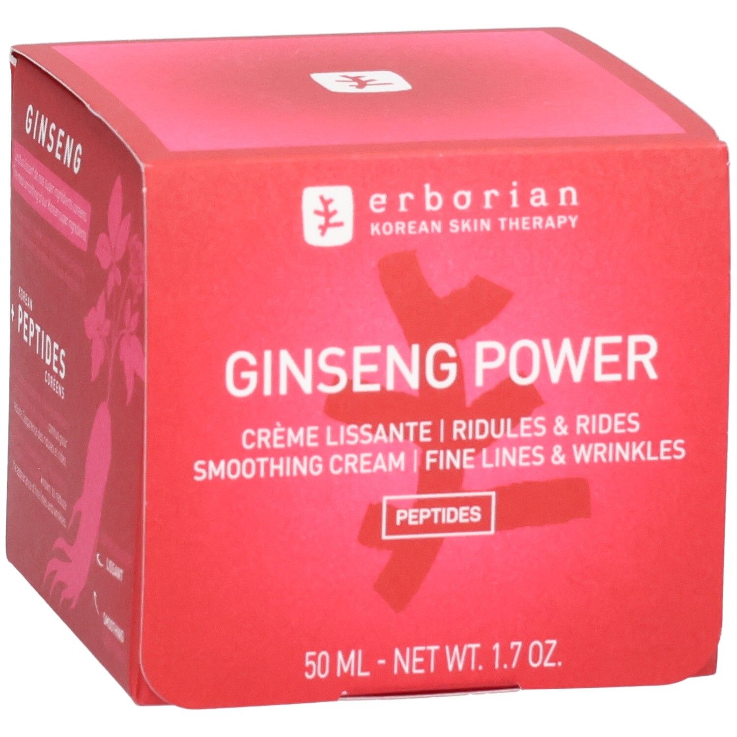 Emballage Erborian Ginseng Power Crème avec illustration de racine de ginseng. Contient du ginseng coréen et des peptides.