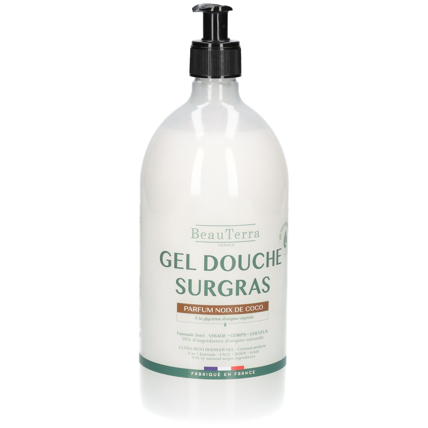 BeauTerra Duschgel mit Kokosnussduft in weißer Pumpflasche.