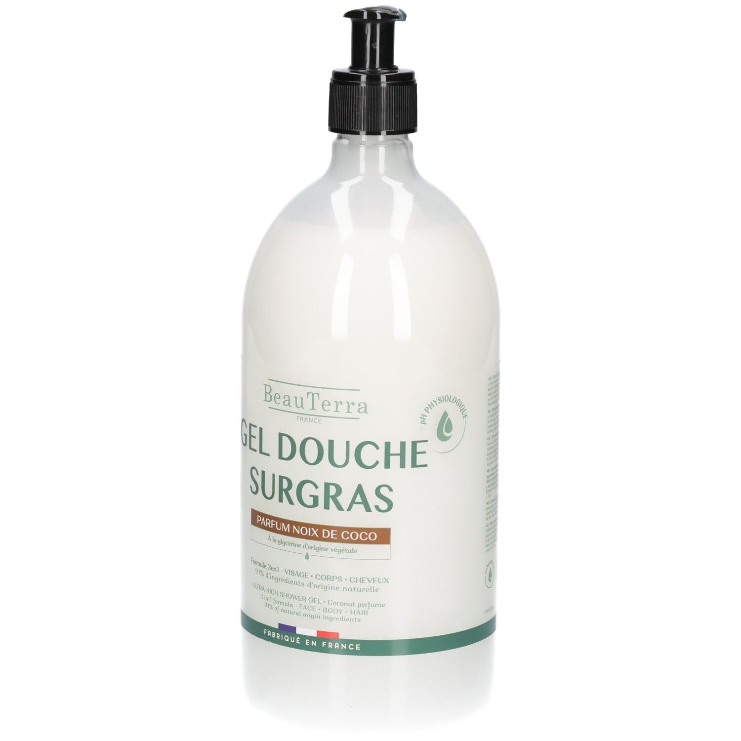 BeauTerra Duschgel mit Kokosnussduft in einem Pumpspender.