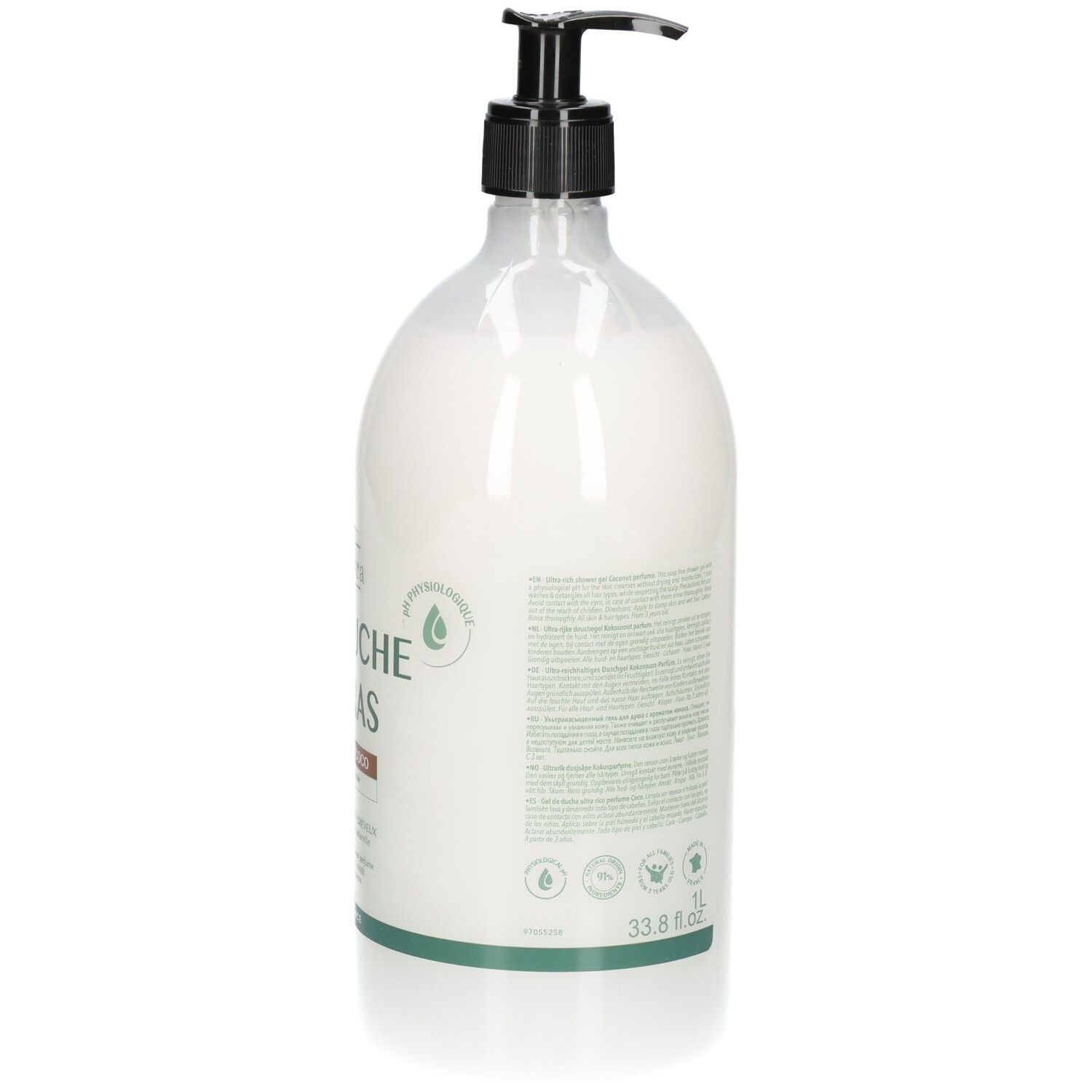 Weiße Pumpflasche mit weißer Flüssigkeit und schwarzem Pumpspender. 1L.