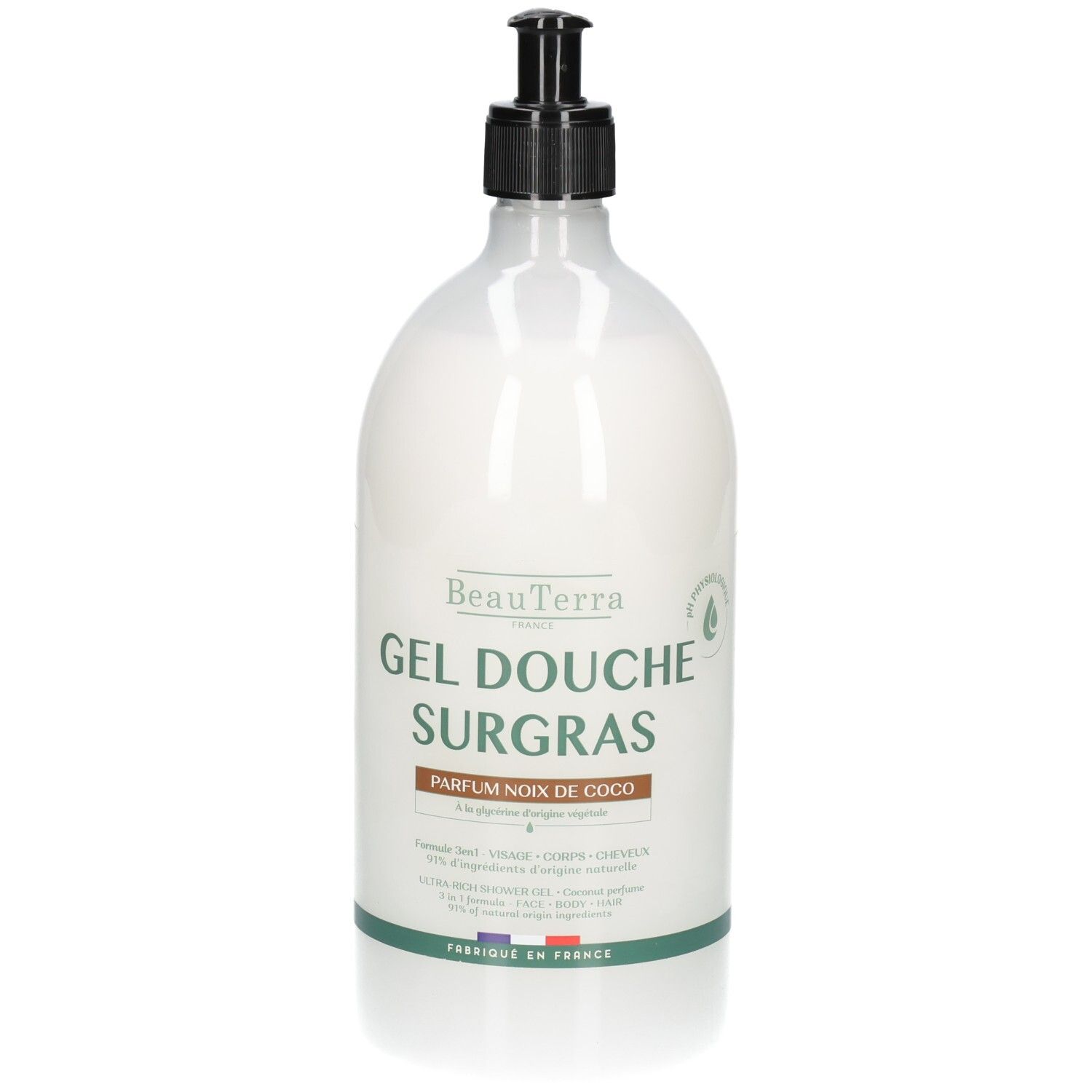 Weiße Flasche mit schwarzem Pumpspender, BeauTerra Duschgel Surgras Kokosnussduft.