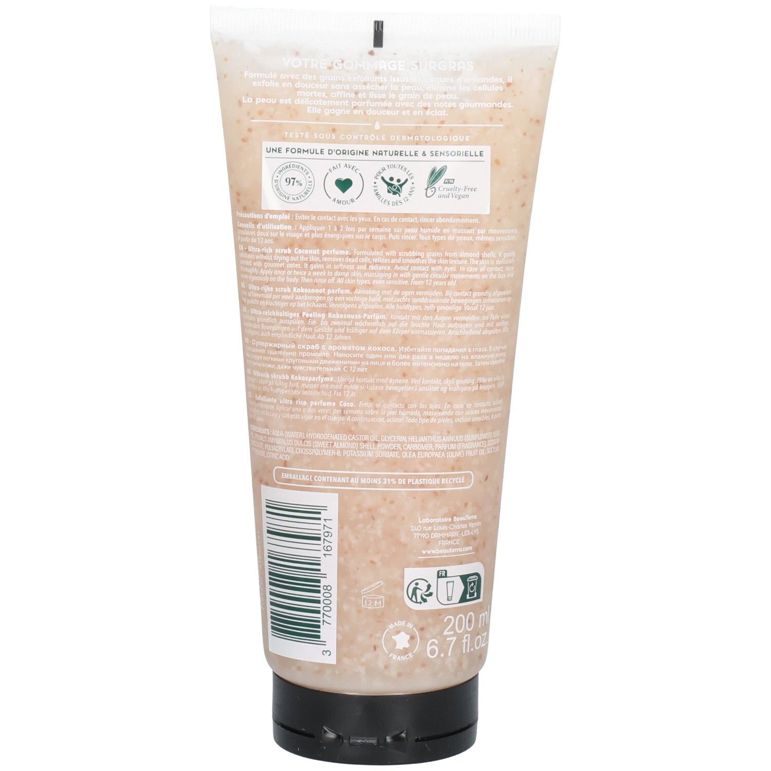 Cremiges Peeling in transparenter Tube mit schwarzem Deckel. Enthält 200 ml.