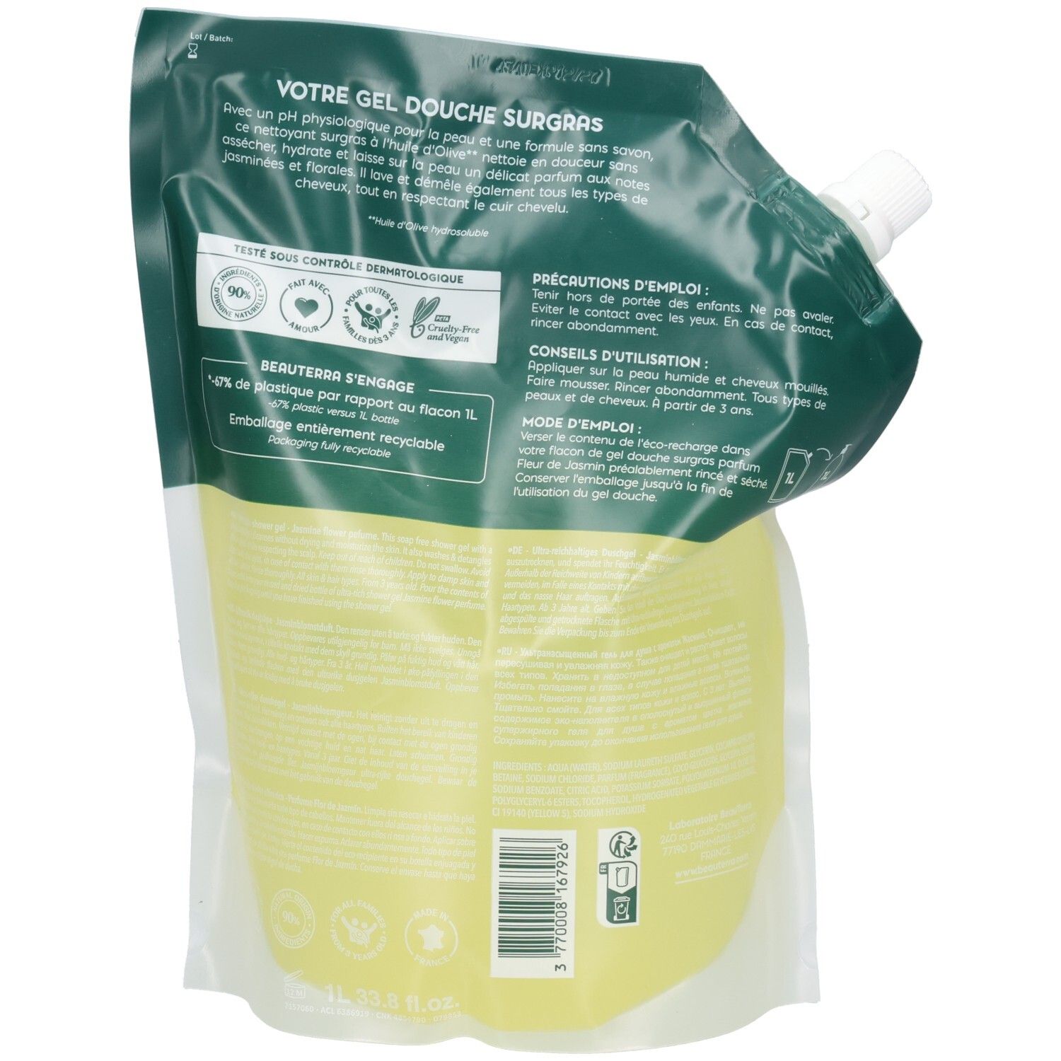 Dos du sachet recharge BeauTerra gel douche avec instructions et logos.