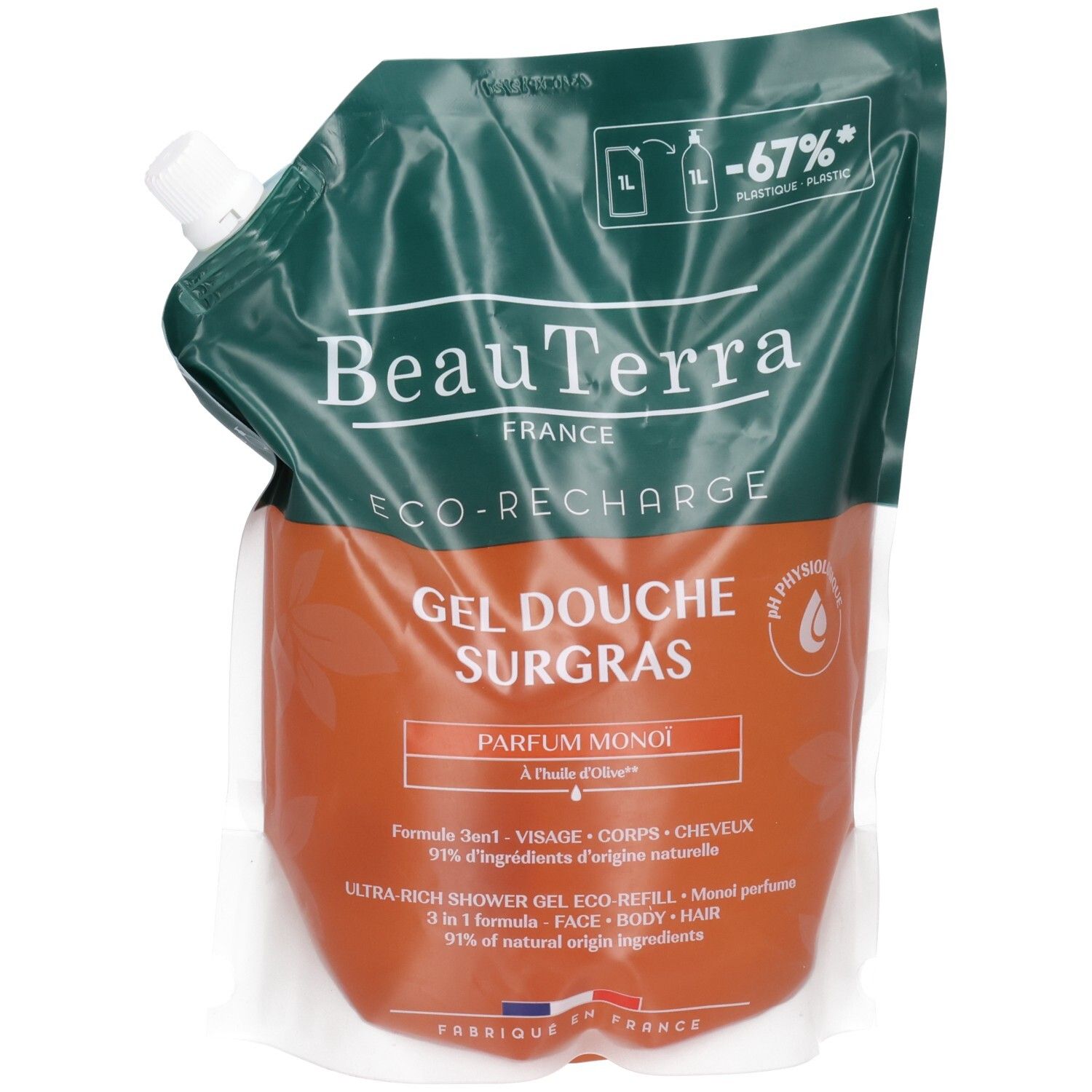 Recharge éco de gel douche Beauterra, 1L. Parfum Monoï.
