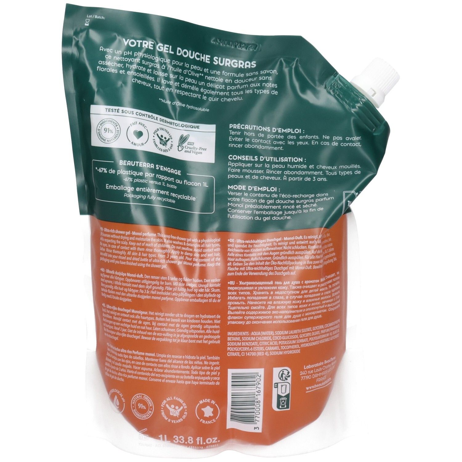 Dos de la recharge éco de gel douche Beauterra, 1L. Contient des informations sur les ingrédients.