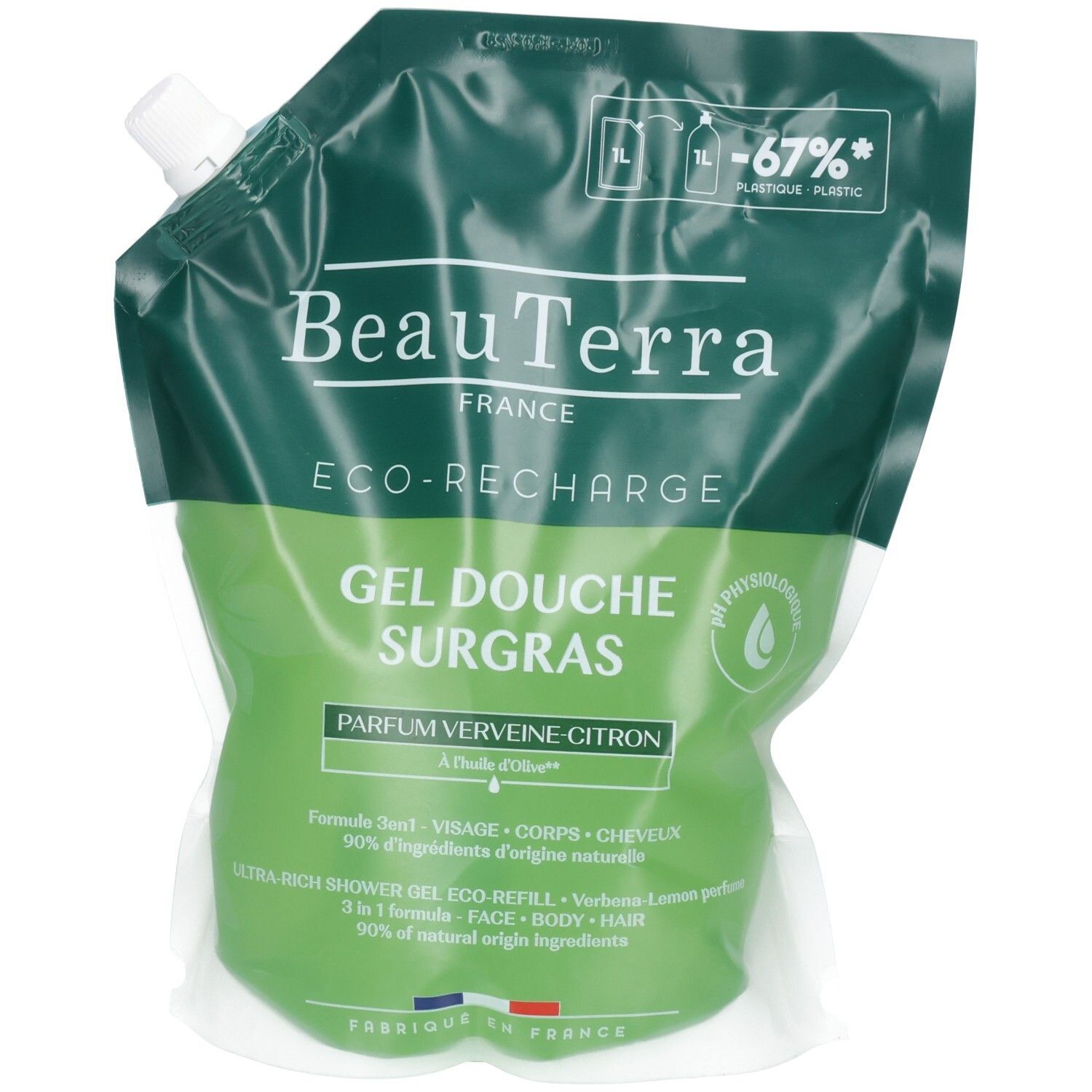 Recharge gel douche Beauterra parfum verveine citron. 1L. 90% d'ingrédients d'origine naturelle.