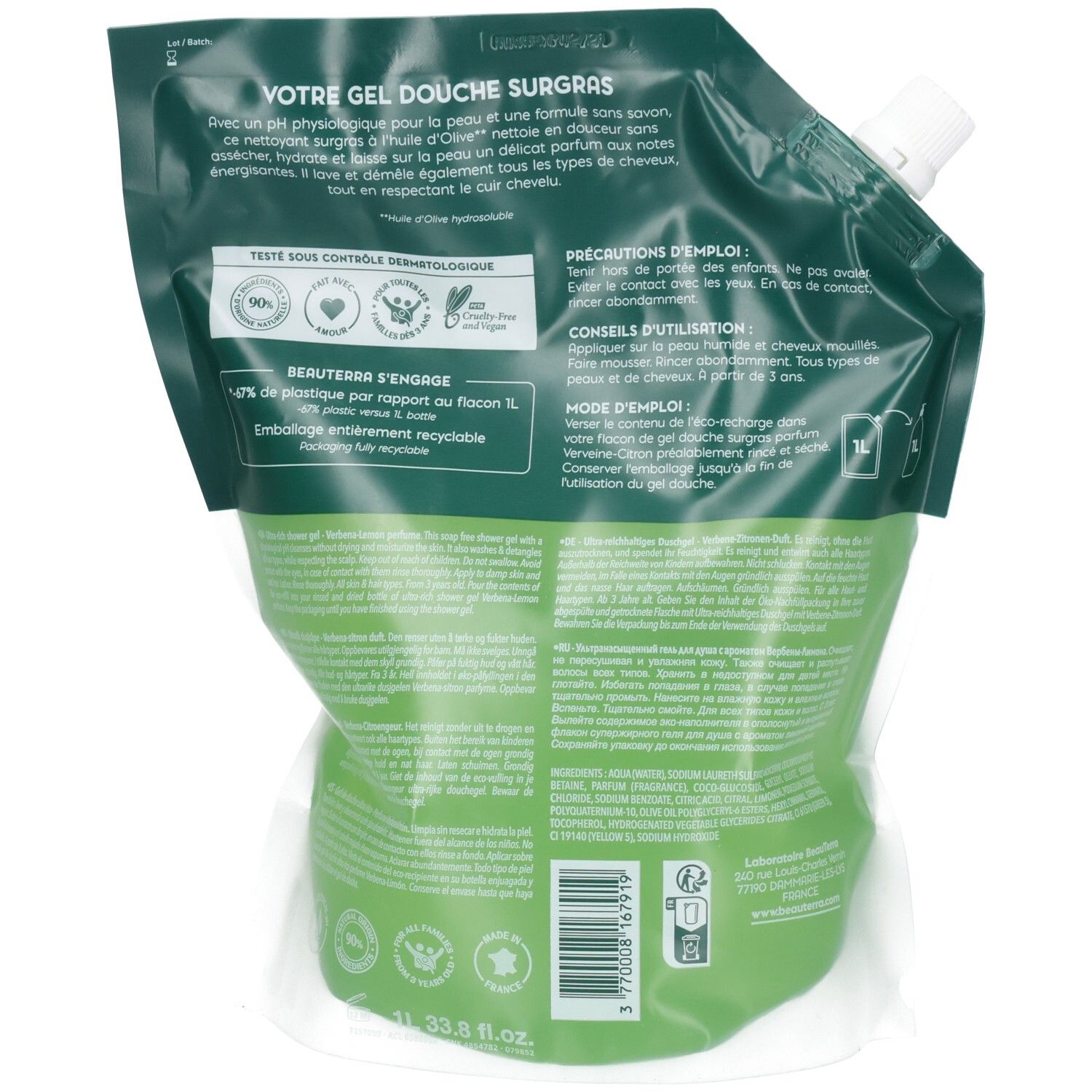 Dos Beauterra gel douche recharge. Contient des sceaux pour tests dermatologiques et ingrédients naturels.