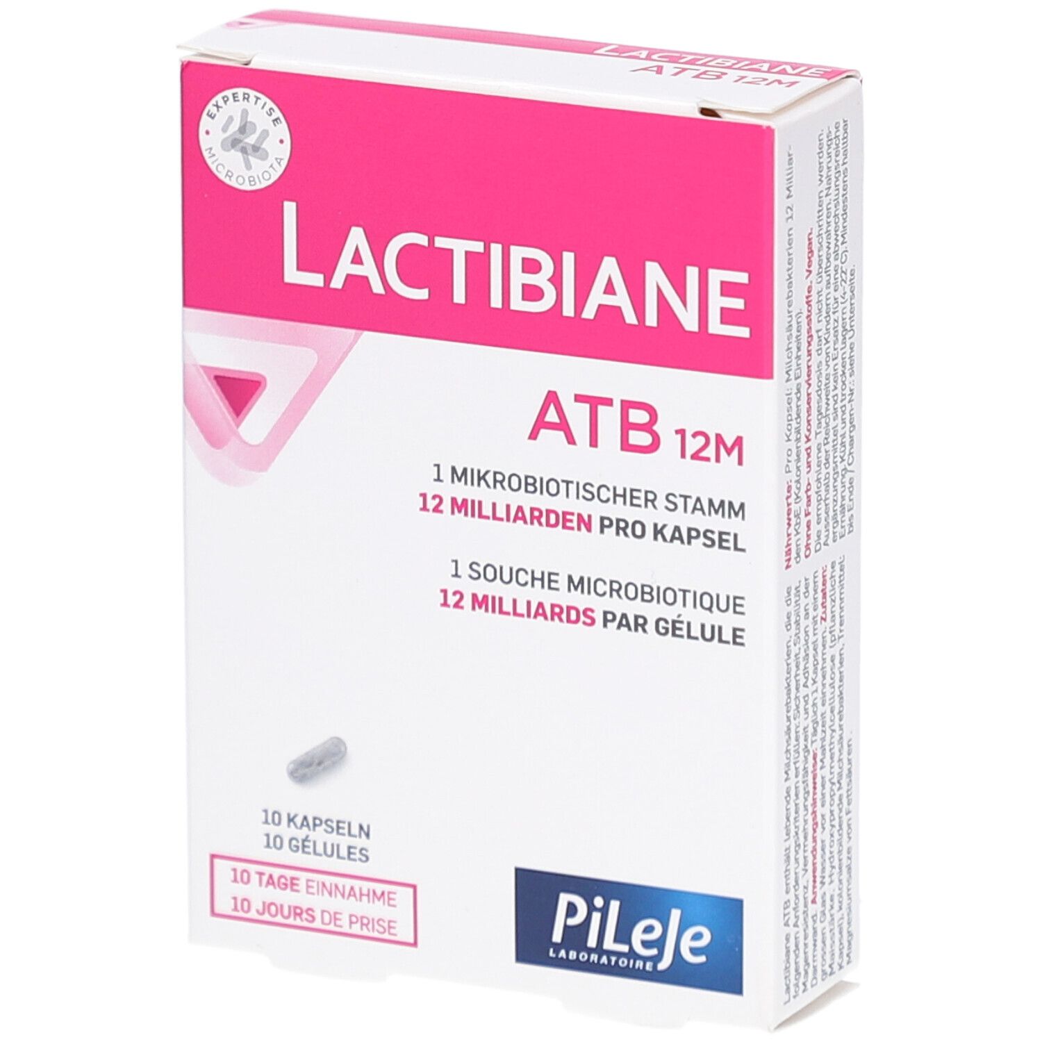 Schachtel mit "LACTIBIANE ATB 12M". Enthält 10 Kapseln. Logo "Pileje Laboratoire".