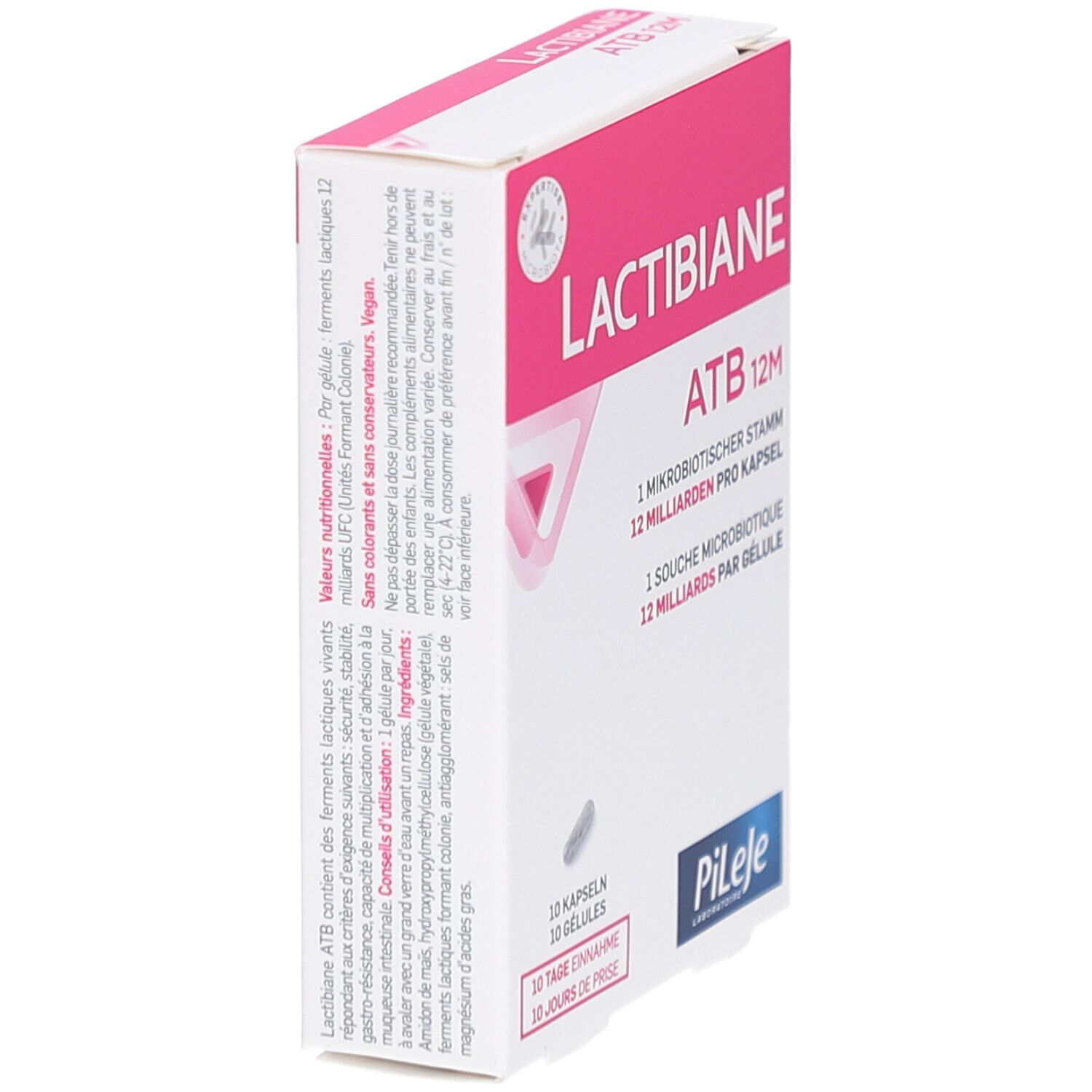 Schachtel "LACTIBIANE ATB 12M" in Schrägansicht. Enthält 10 Kapseln. Logo "Pileje".