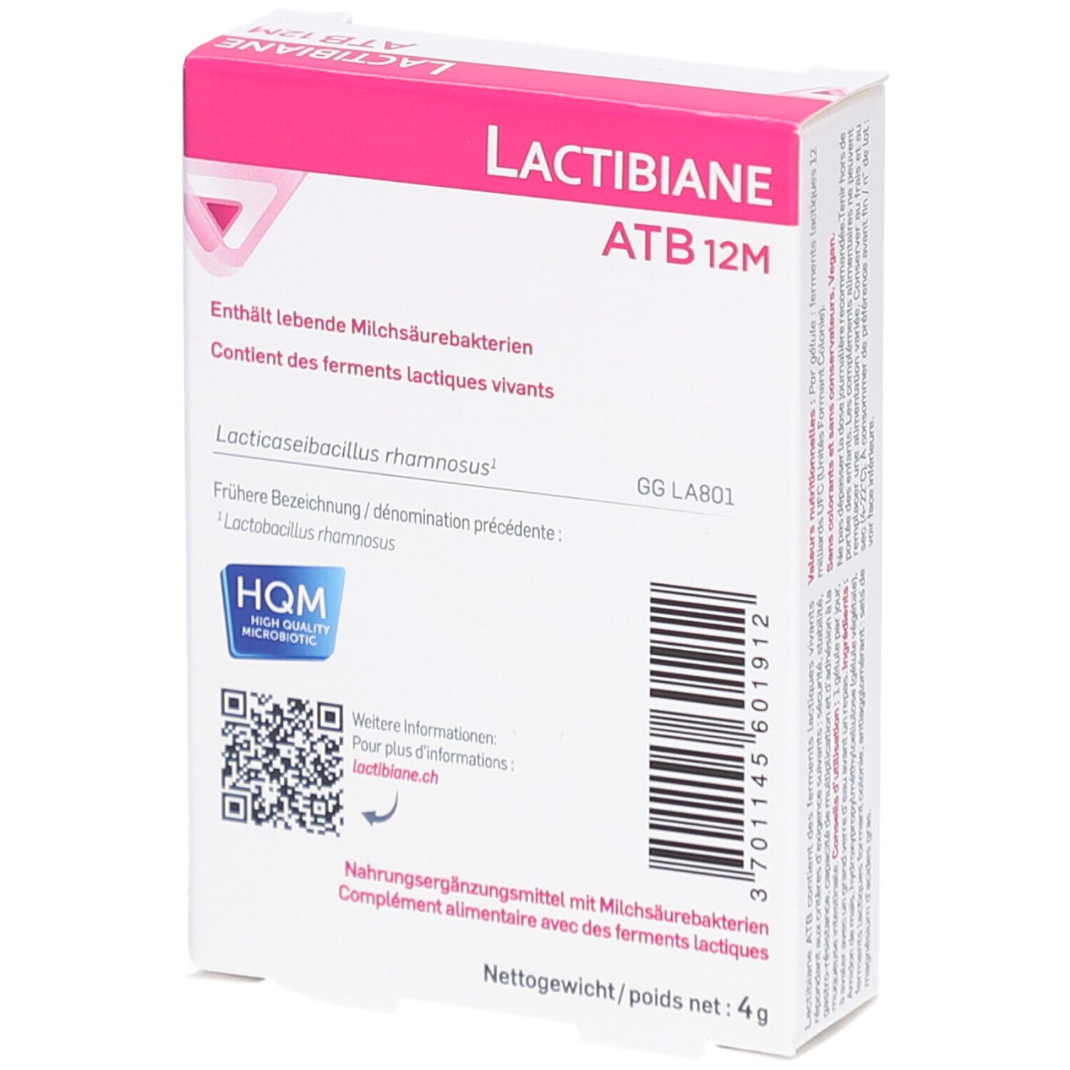 Rückseite der Schachtel "LACTIBIANE ATB 12M". Enthält lebende Milchsäurebakterien. QR-Code.