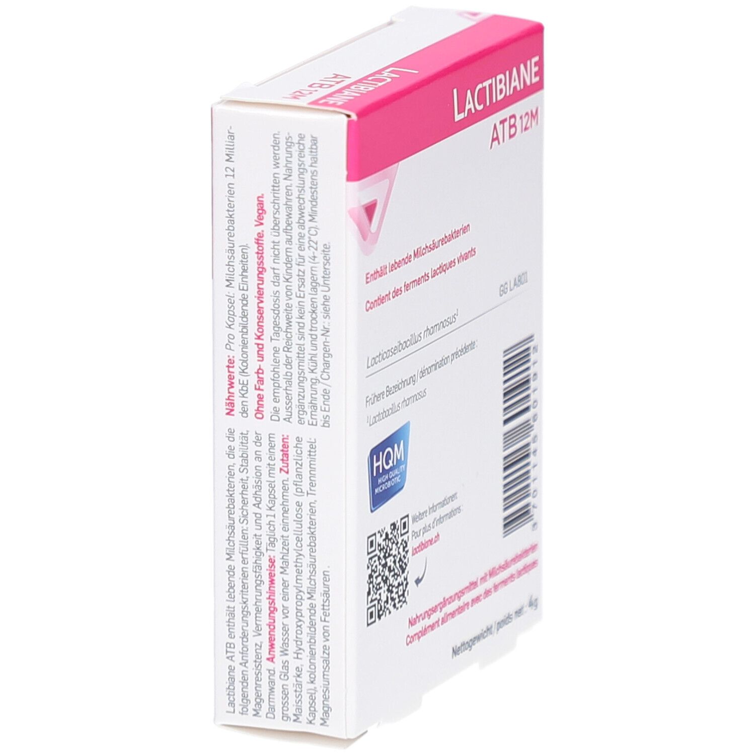 Schachtel "LACTIBIANE ATB 12M" in Schrägansicht. Enthält lebende Milchsäurebakterien. QR-Code.