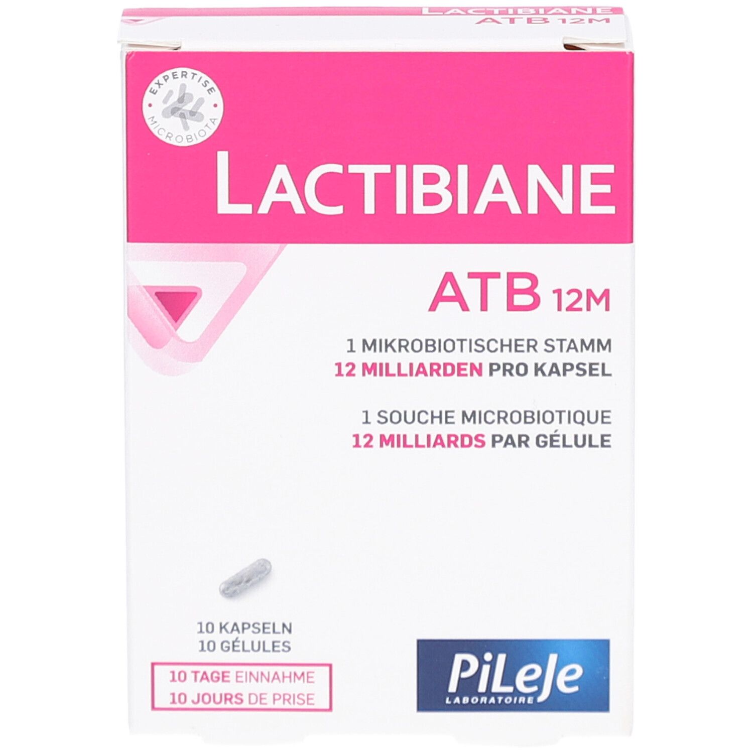 Schachtel mit "LACTIBIANE ATB 12M". Enthält 10 Kapseln. Logo "Pileje Laboratoire".
