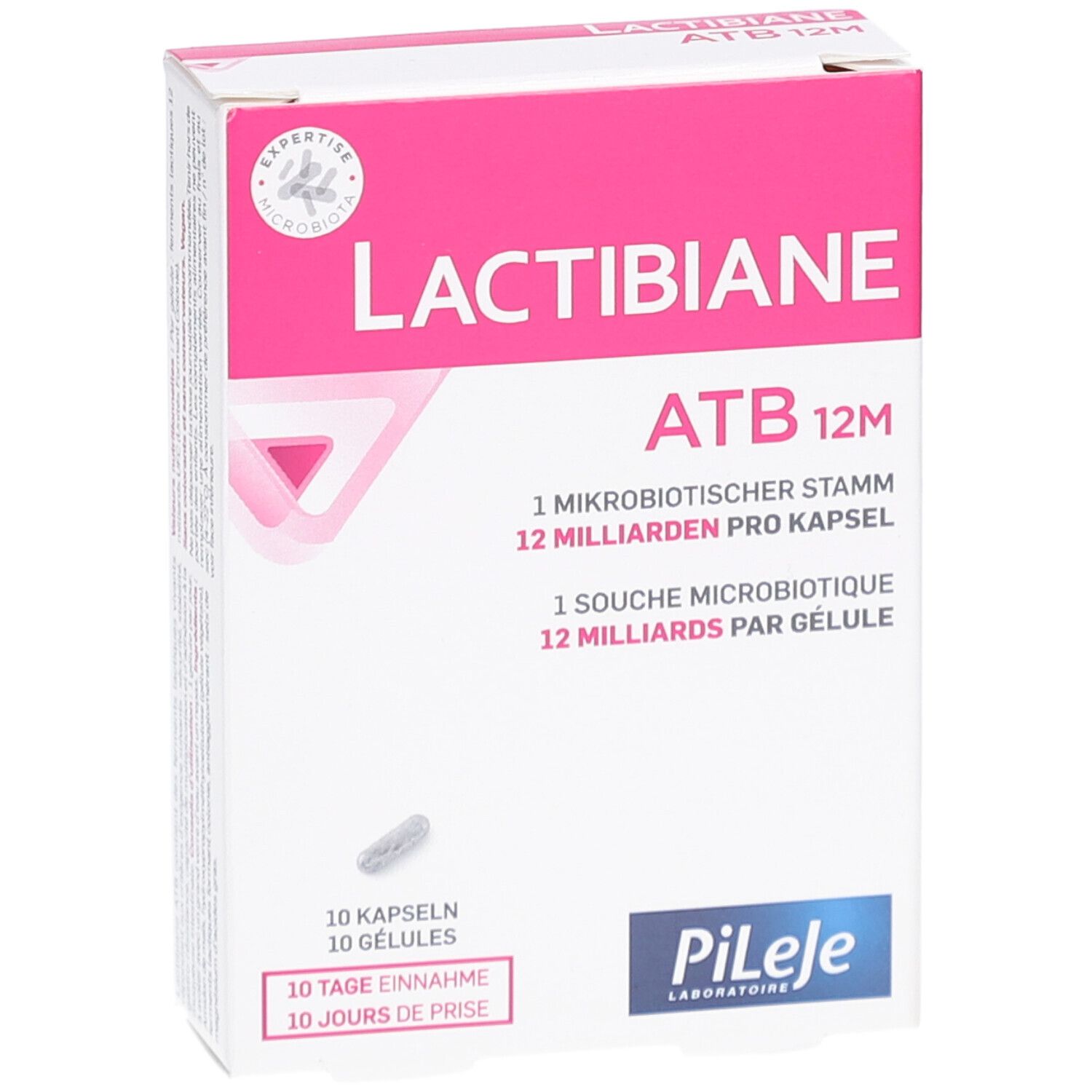 Schachtel mit "LACTIBIANE ATB 12M". Enthält 10 Kapseln. Logo "Pileje Laboratoire".