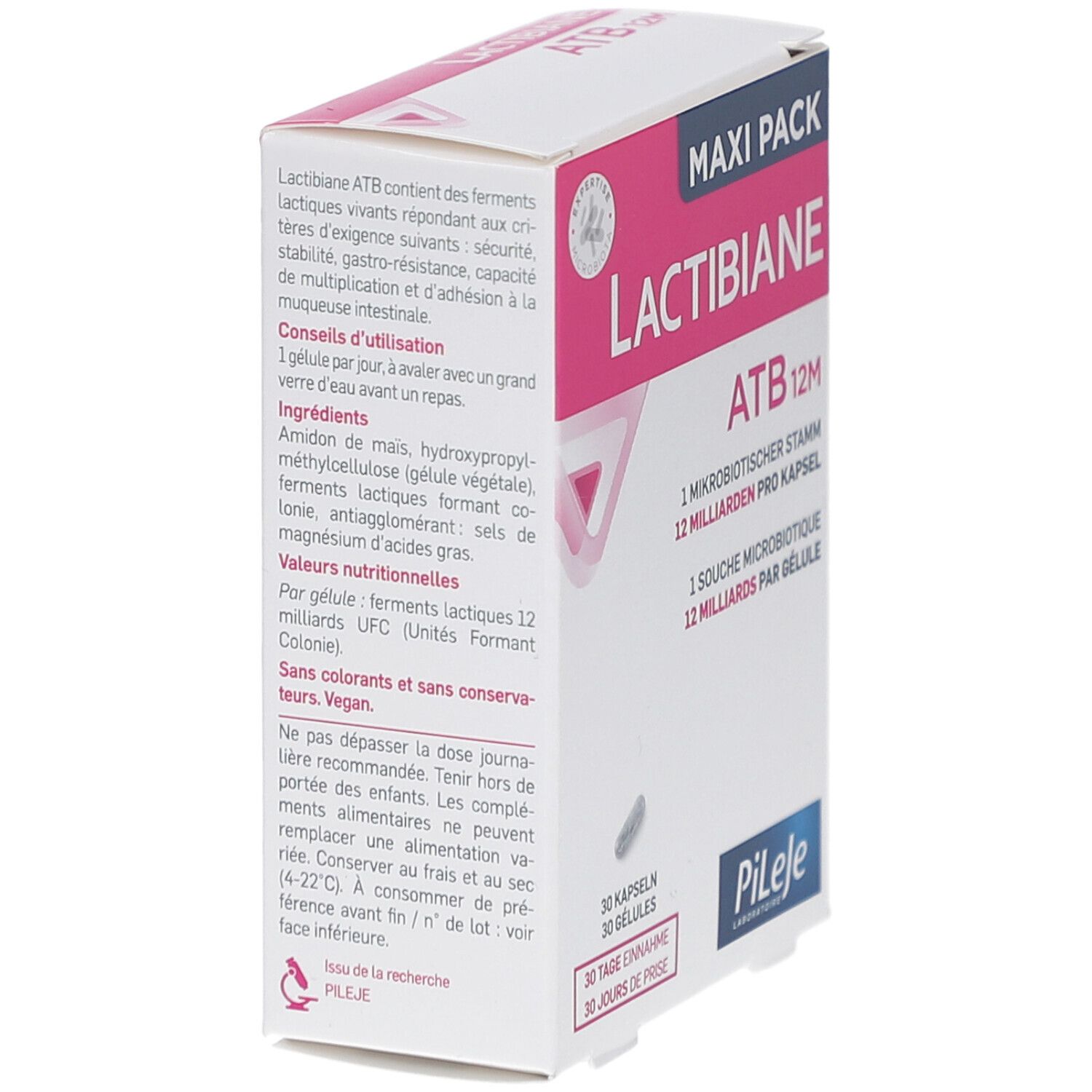 Lactibiane ATB 12M Verpackung, Seitenansicht. Enthält Informationen zu Inhaltsstoffen und Anwendung. Weiß-rosa Karton.