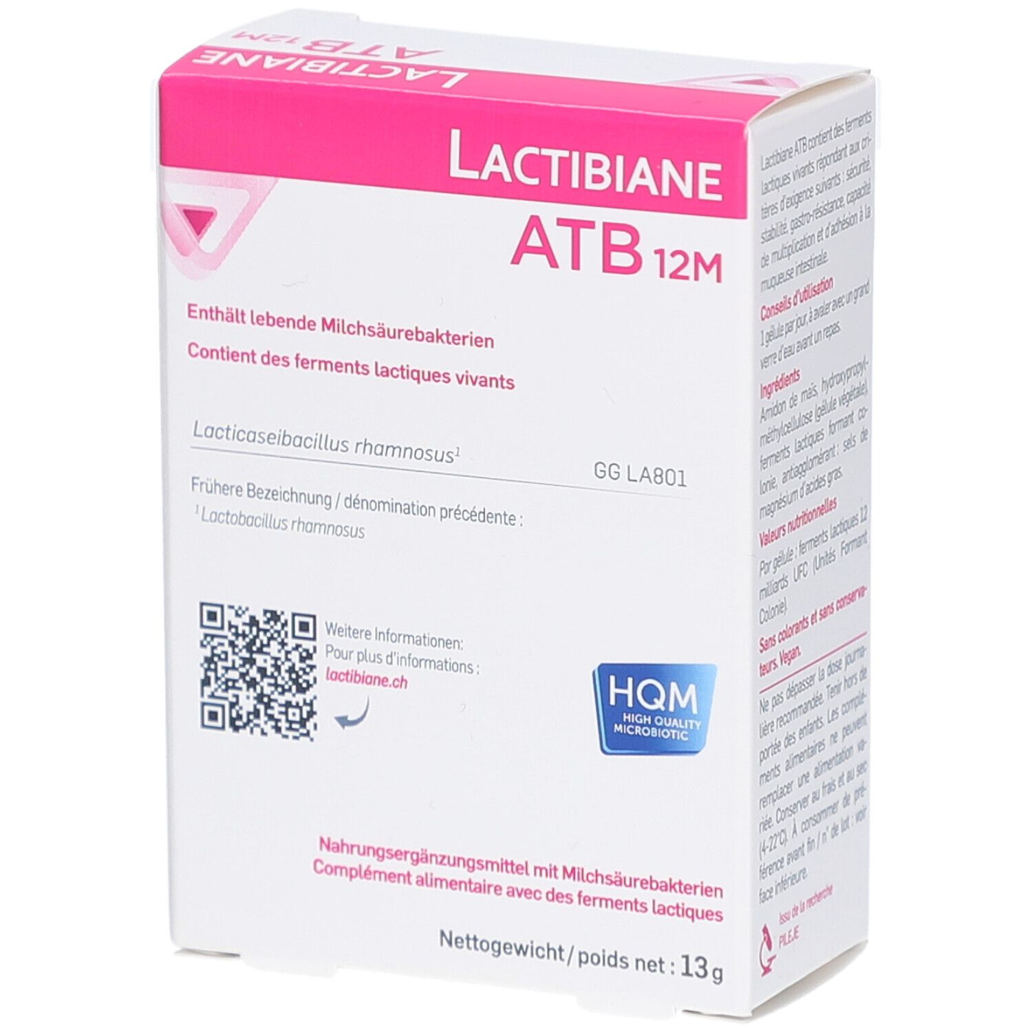 Lactibiane ATB 12M Verpackung, Vorderseite. Enthält Informationen zu Inhaltsstoffen und Logo. Weißer Karton mit rosa Akzenten.