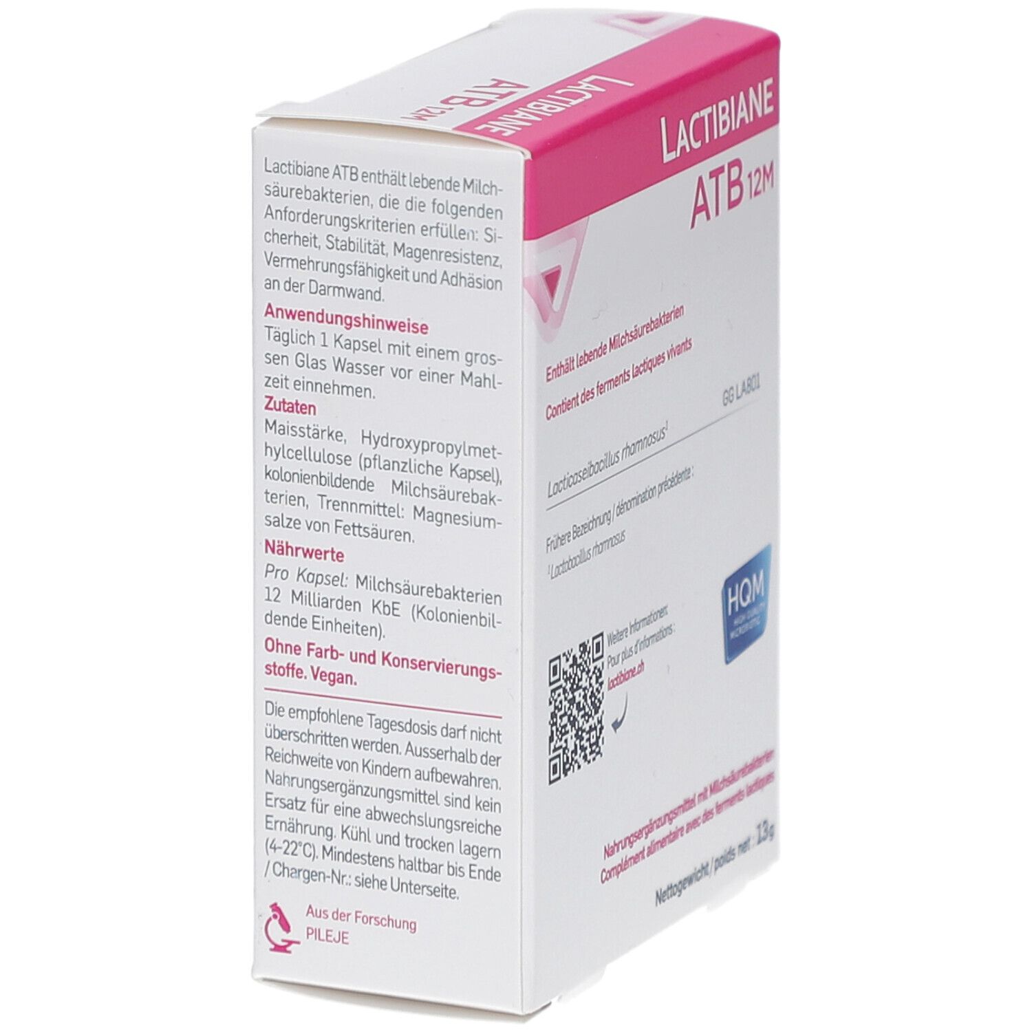 Lactibiane ATB 12M Verpackung, Seitenansicht. Enthält Informationen zu Inhaltsstoffen und Anwendung. Weißer Karton mit rosa Akzenten.