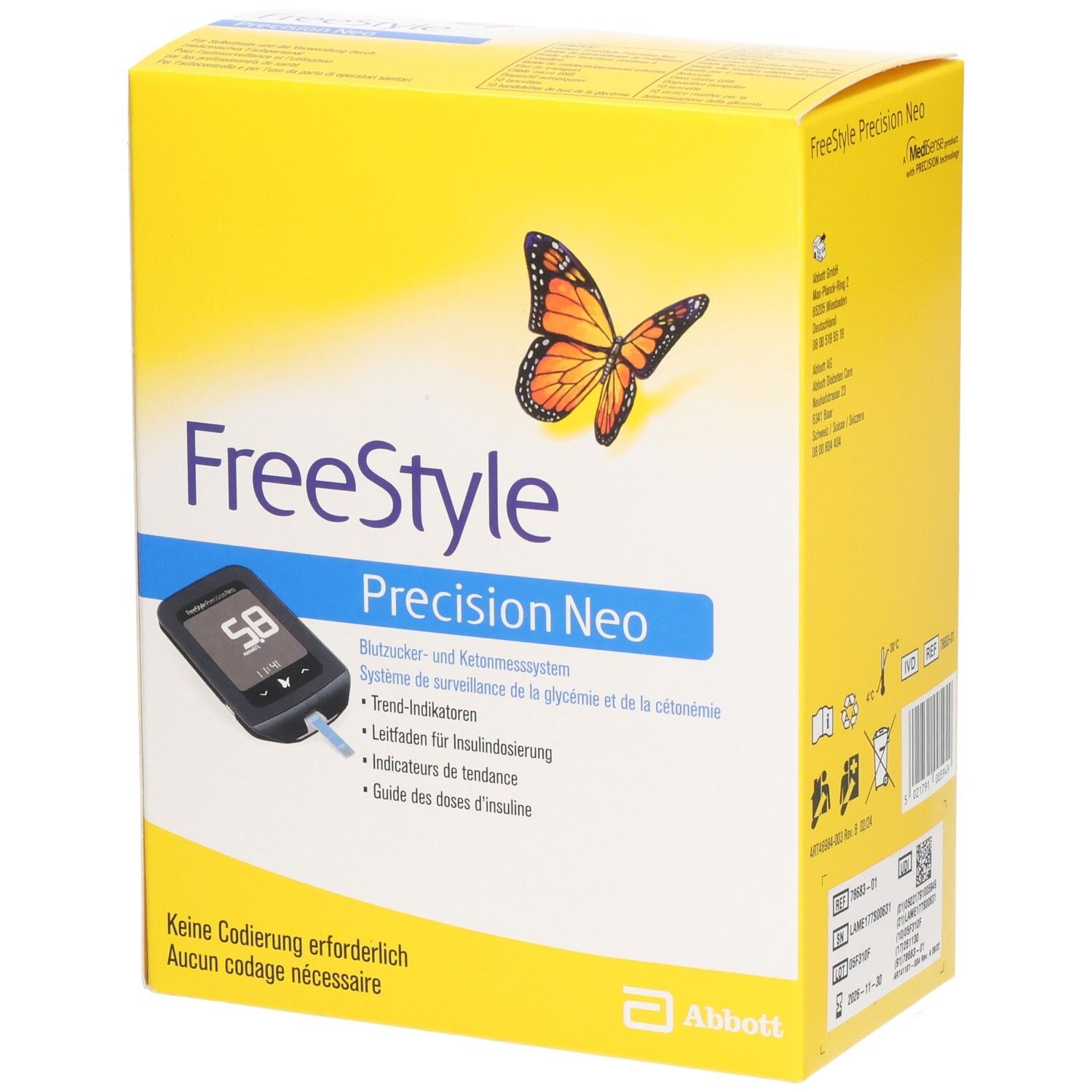 Emballage jaune FreeStyle Precision Neo. Appareil de mesure affiché. Inscriptions en allemand et français. Papillon orange.