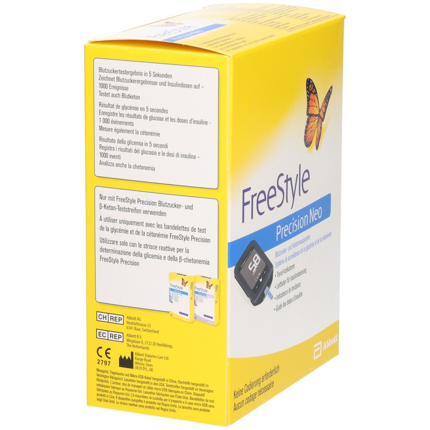 Emballage jaune FreeStyle Precision Neo. Dos avec texte en allemand, français et italien. Deux bandelettes de test.