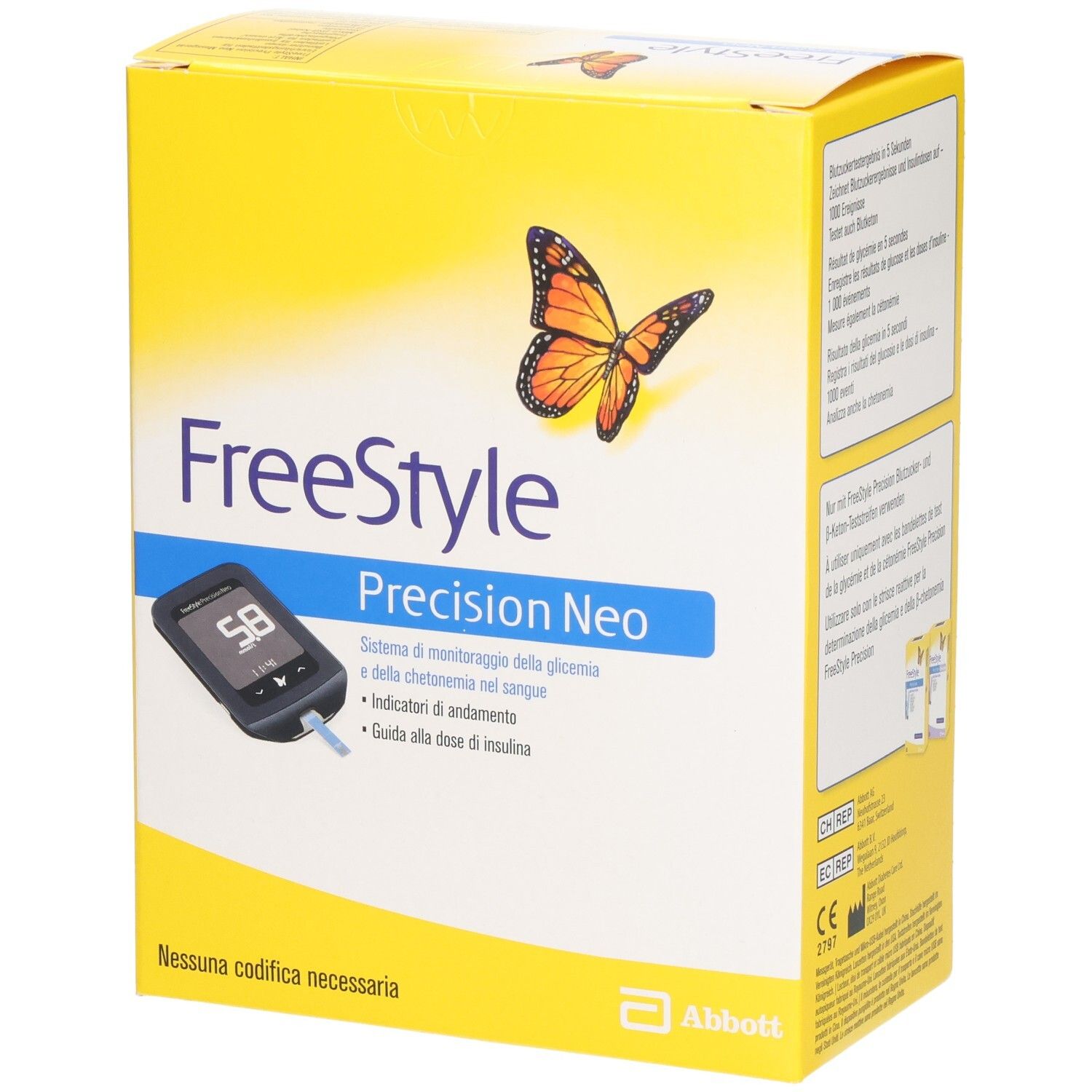 Emballage jaune FreeStyle Precision Neo. Nom du produit et appareil de mesure. Texte en allemand et italien. Marque CE.