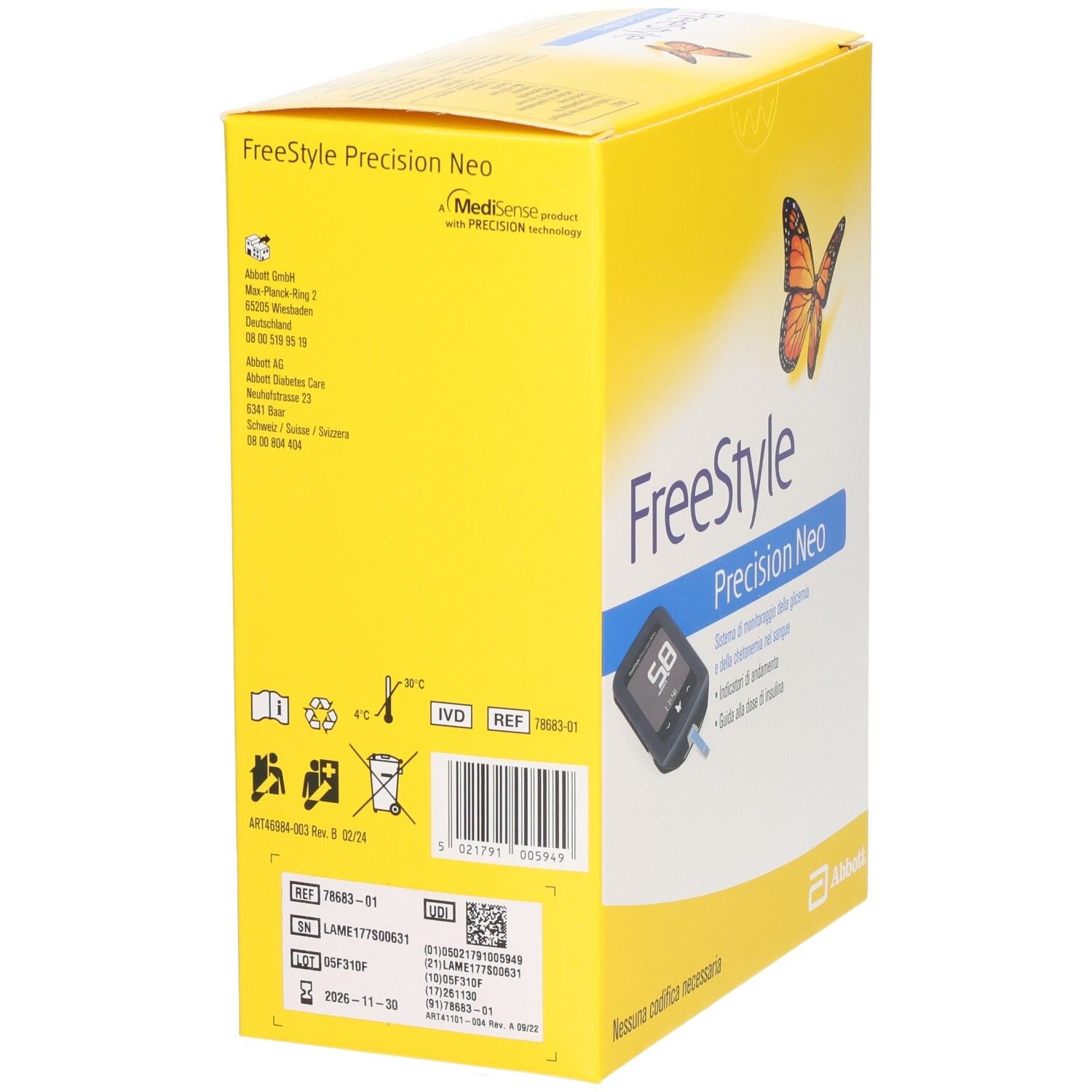 Emballage jaune FreeStyle Precision Neo. Dos avec texte et symboles. Marque CE. Informations produit et numéro de lot.