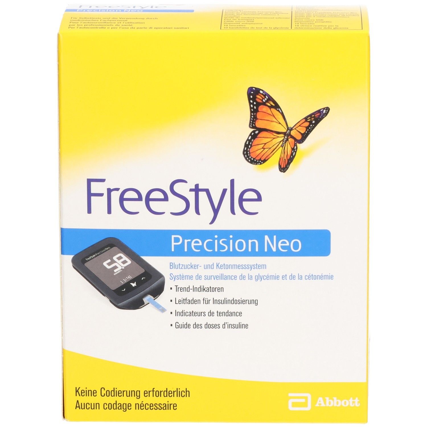 Emballage jaune FreeStyle Precision Neo. Nom du produit et appareil de mesure. Texte en allemand et français. Papillon orange.