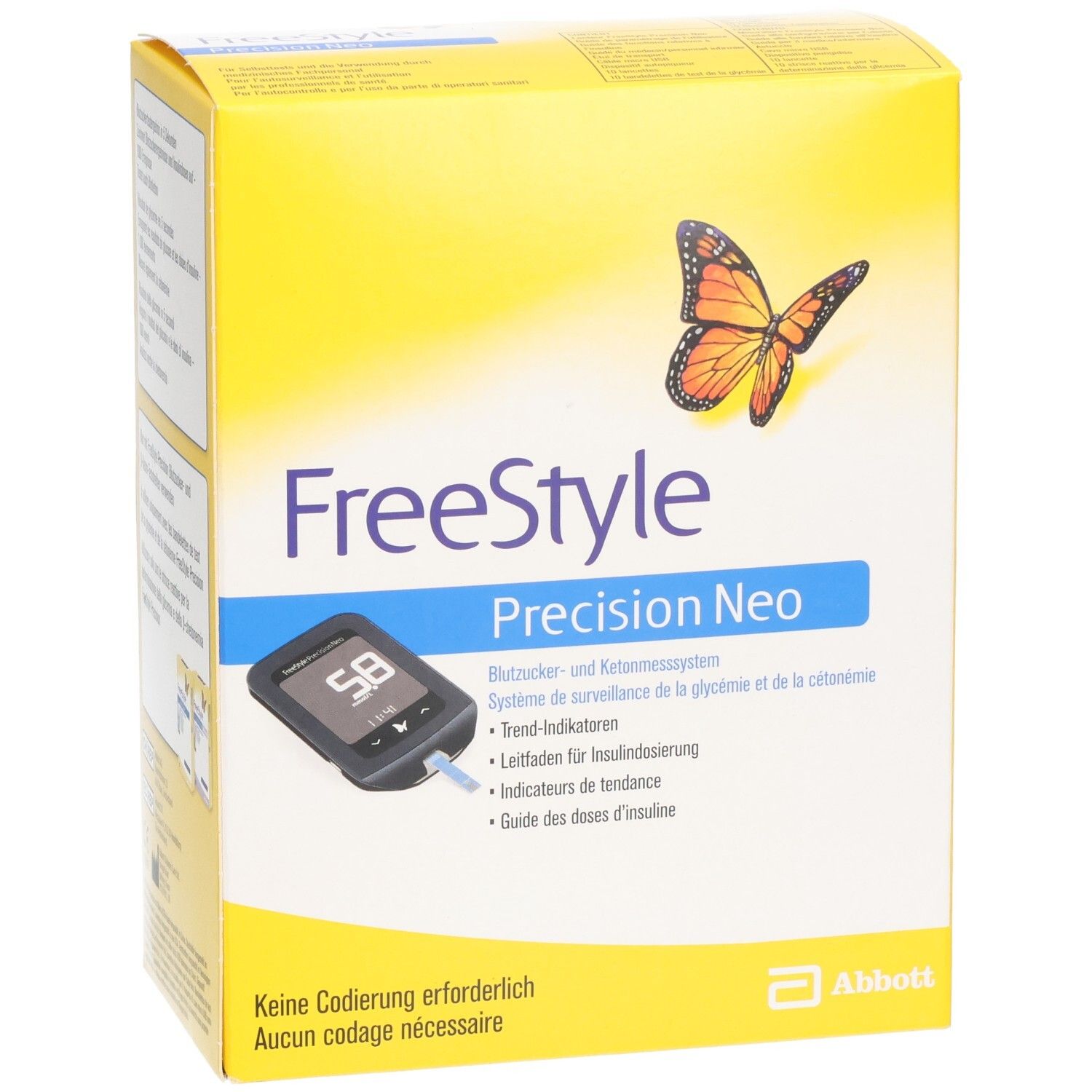 Emballage jaune FreeStyle Precision Neo. Nom du produit et appareil de mesure. Texte en allemand et français. Papillon orange.