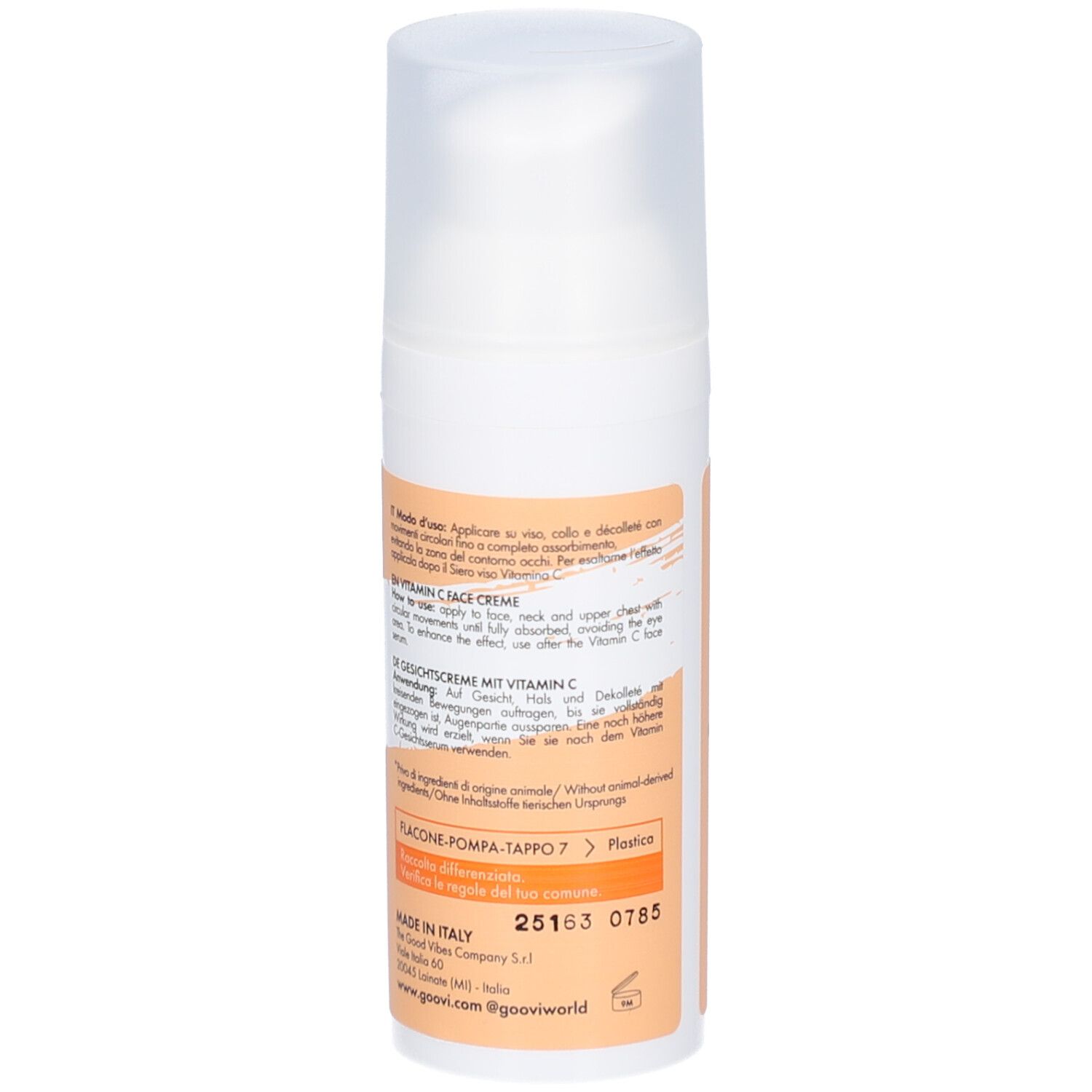 Dos du flacon blanc. Texte en plusieurs langues. Flacon avec pompe doseuse.