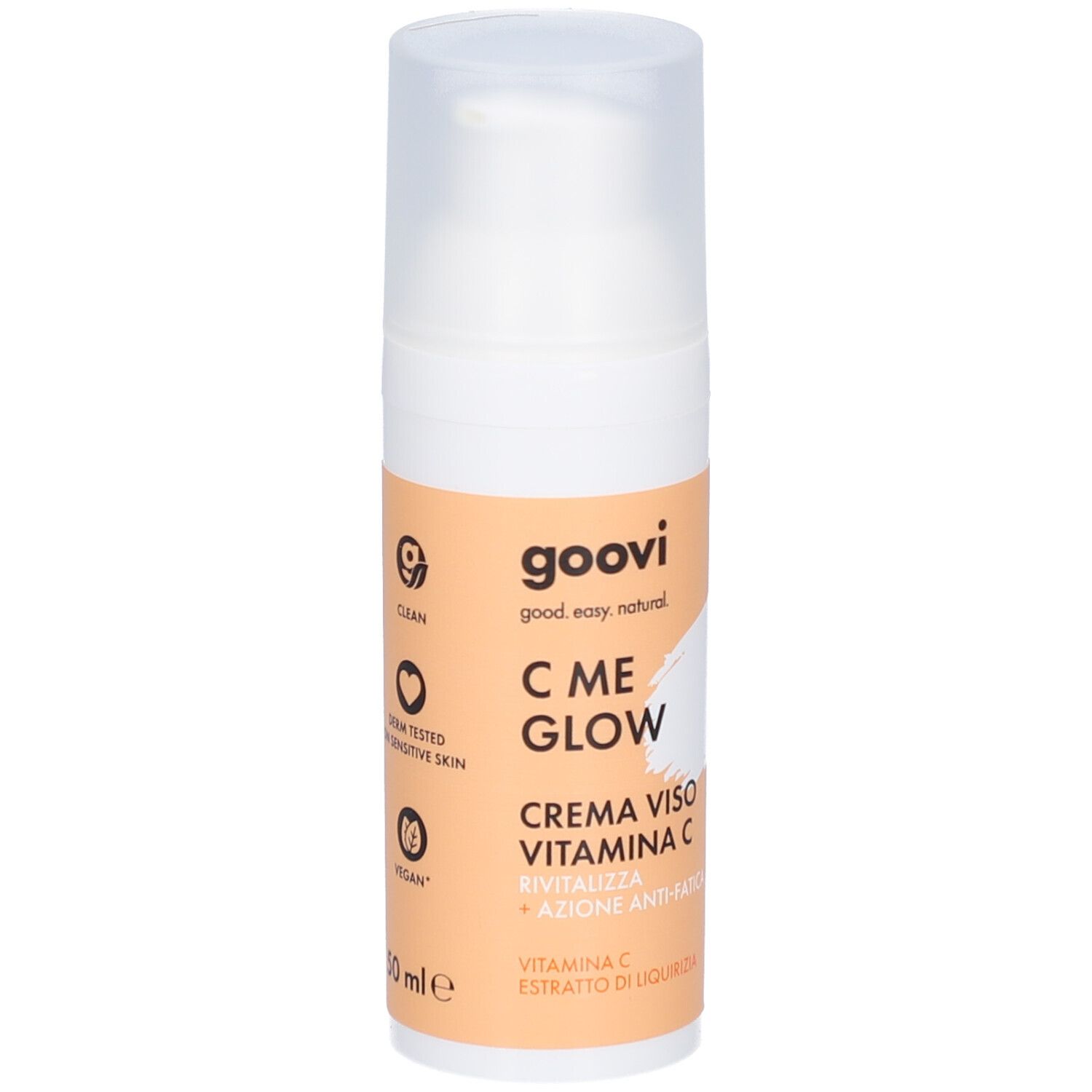 Flacon blanc avec pompe doseuse. Étiquette avec logos : Clean, Testé dermato, Vegan. 50 ml.