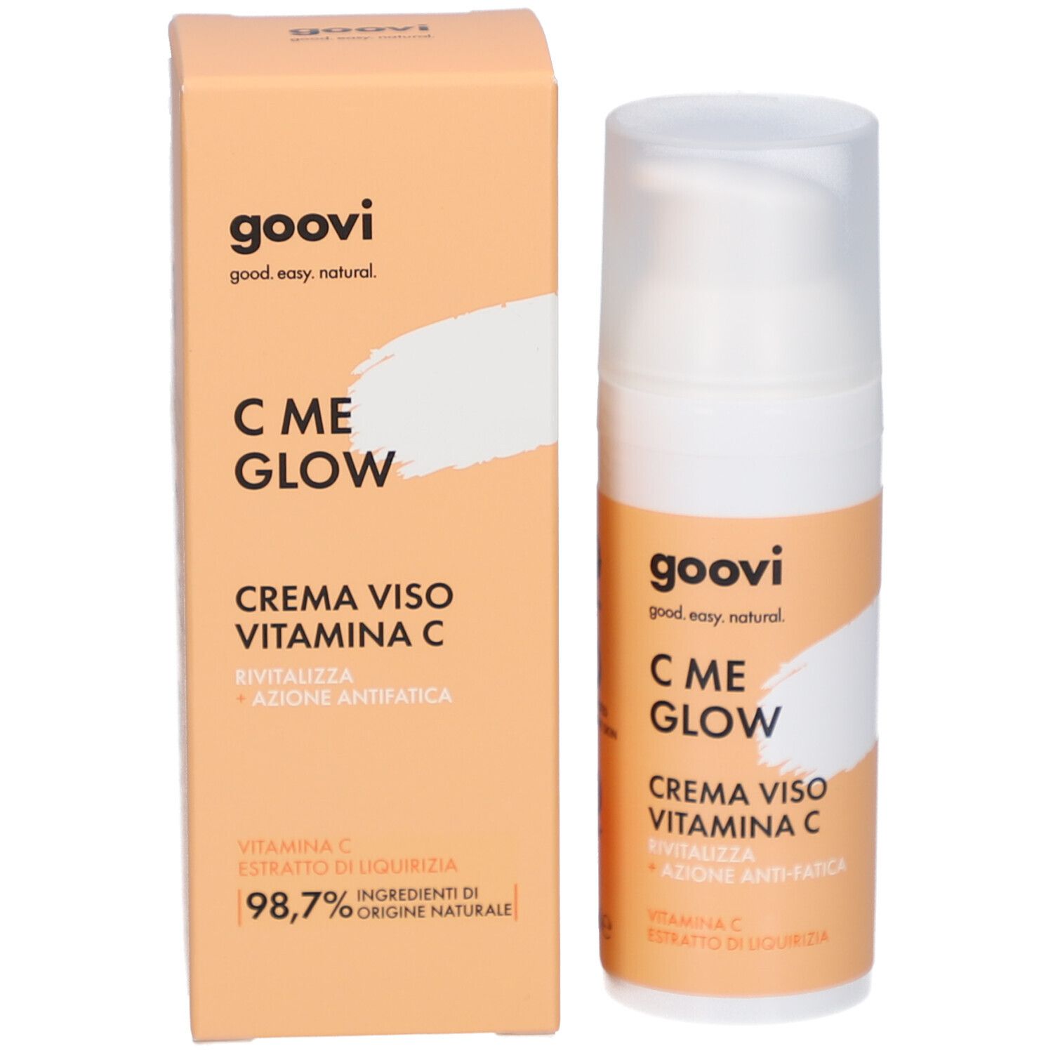 Emballage et flacon du produit. Boîte avec nom du produit et ingrédients. Goovi C ME GLOW.