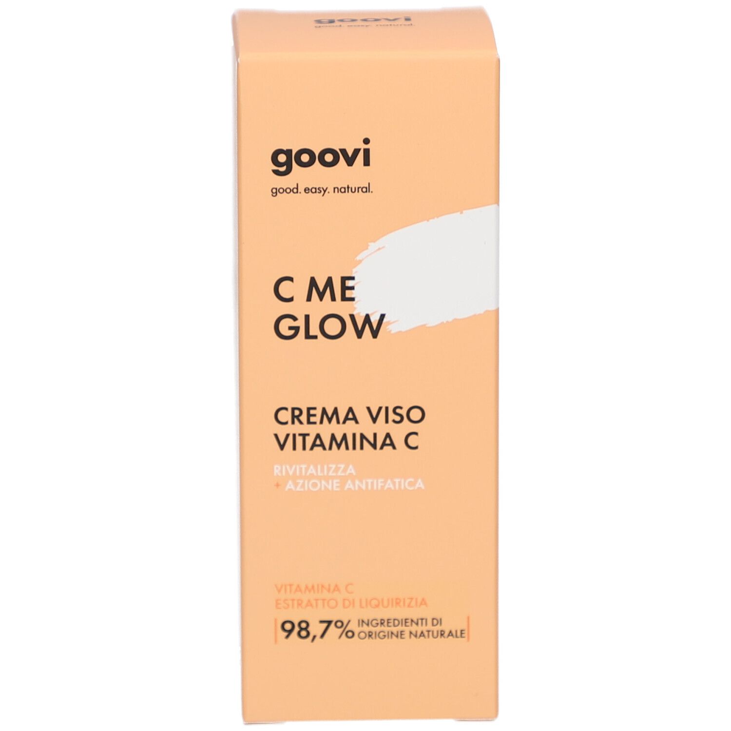 Emballage du produit. Boîte avec nom du produit et ingrédients. Goovi C ME GLOW.
